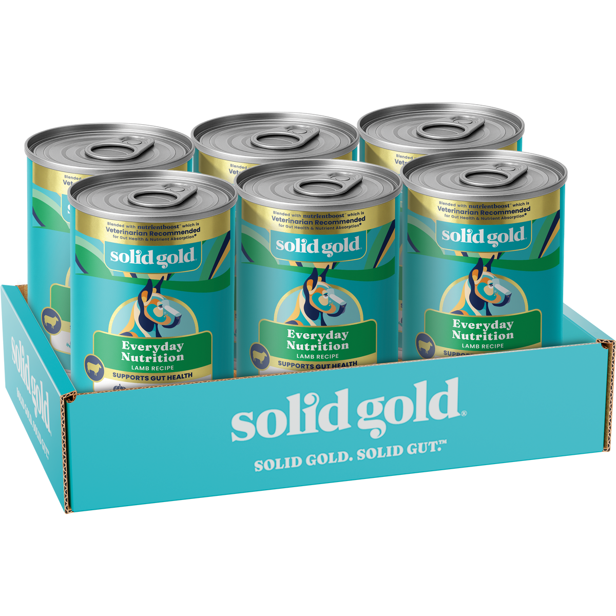 Six cans of Solid Gold Hund-N-Flocken™ lamb wet food for adult dogs in a cardboard display box.