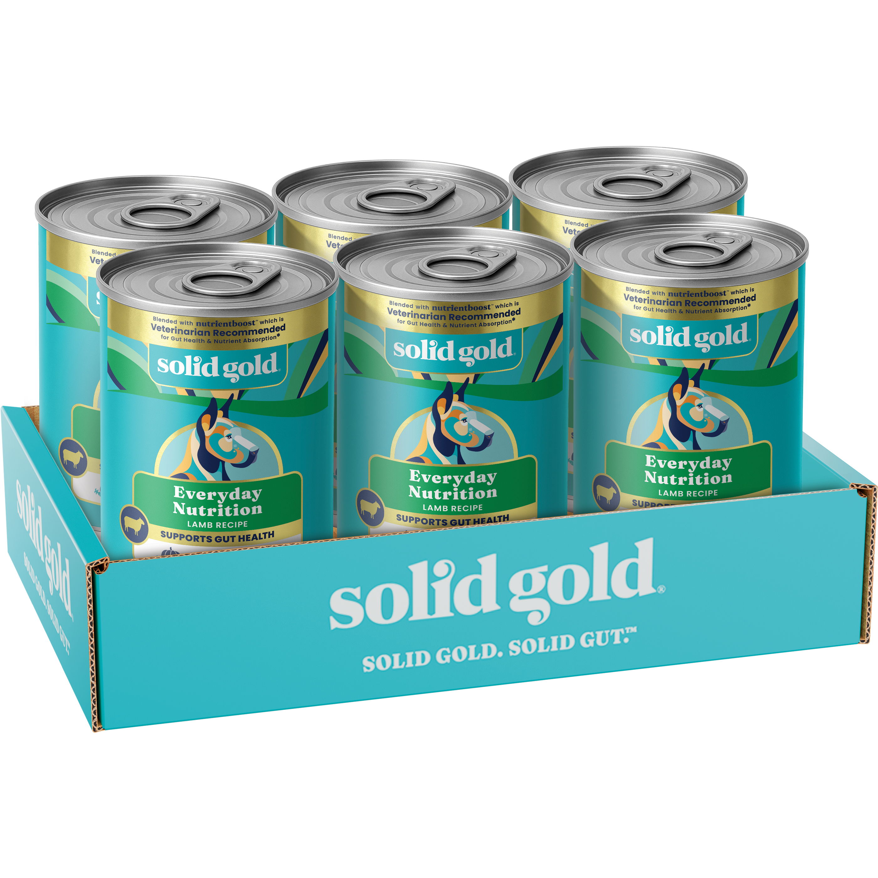 Six cans of Solid Gold Hund-N-Flocken™ lamb wet food for adult dogs in a cardboard display box.