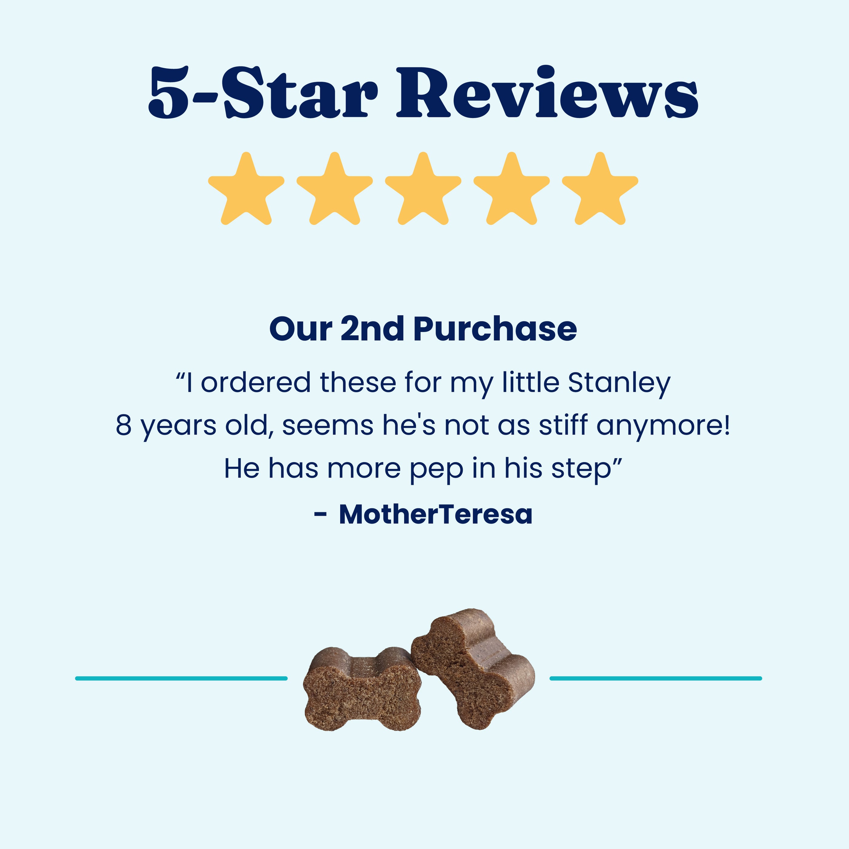 Five star reviews highlight dog joint support chews with a testimonial about improved mobility for an older dog.
