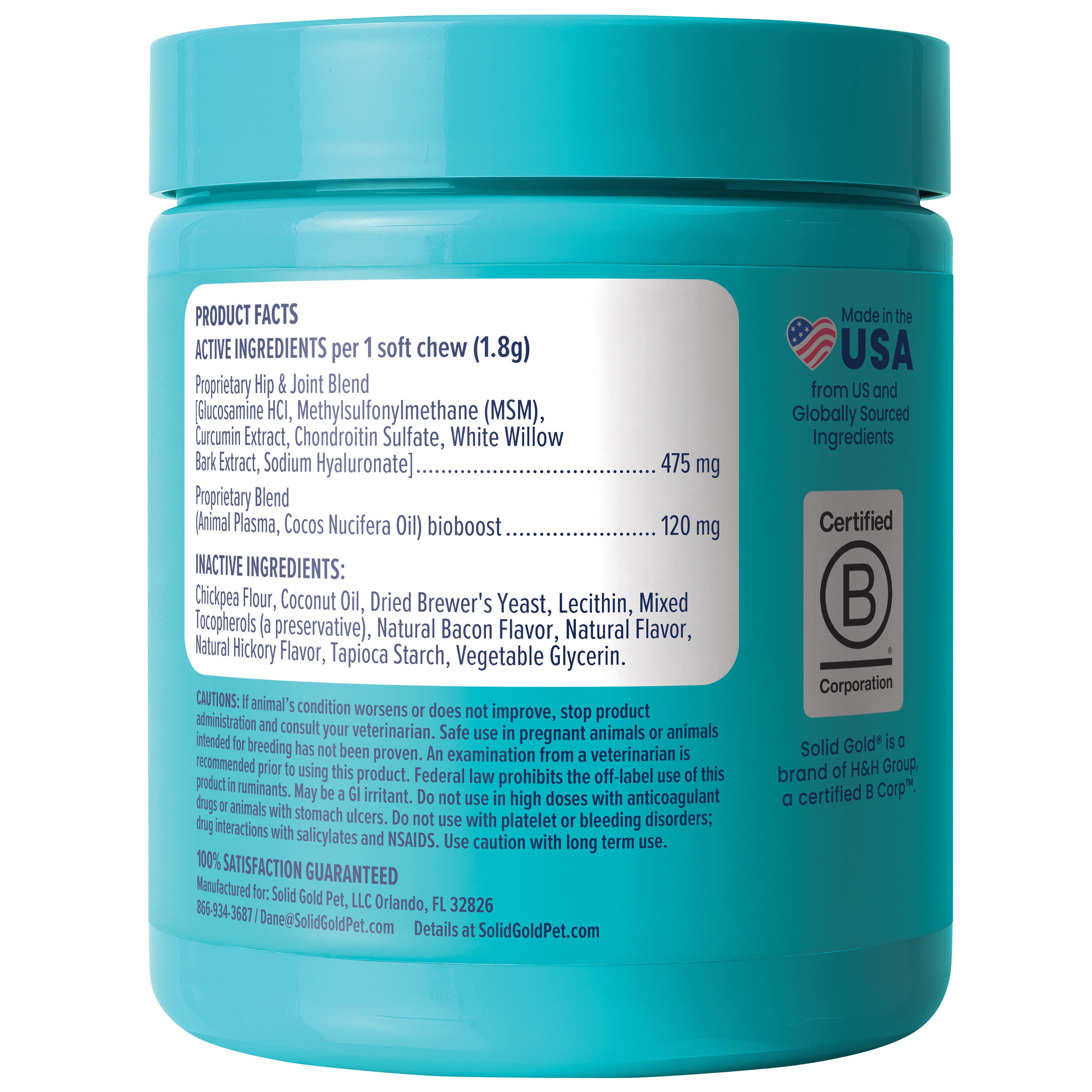 Turquoise container with product facts and ingredient list for joint support chews for dogs.