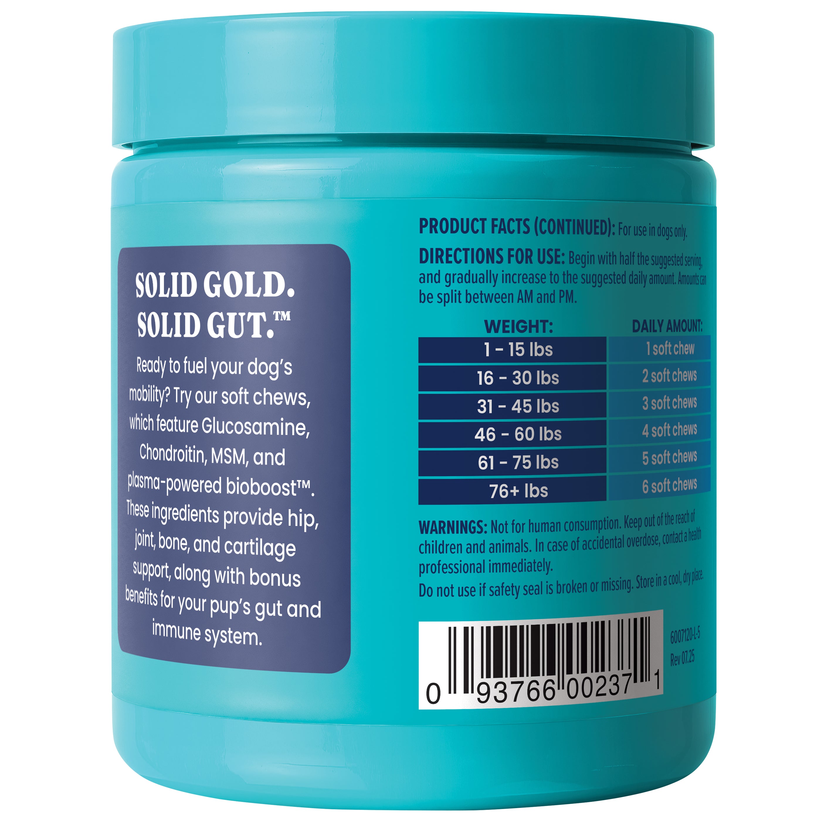 Turquoise container of joint support chews for dogs, featuring dosage instructions and ingredient information on the label.