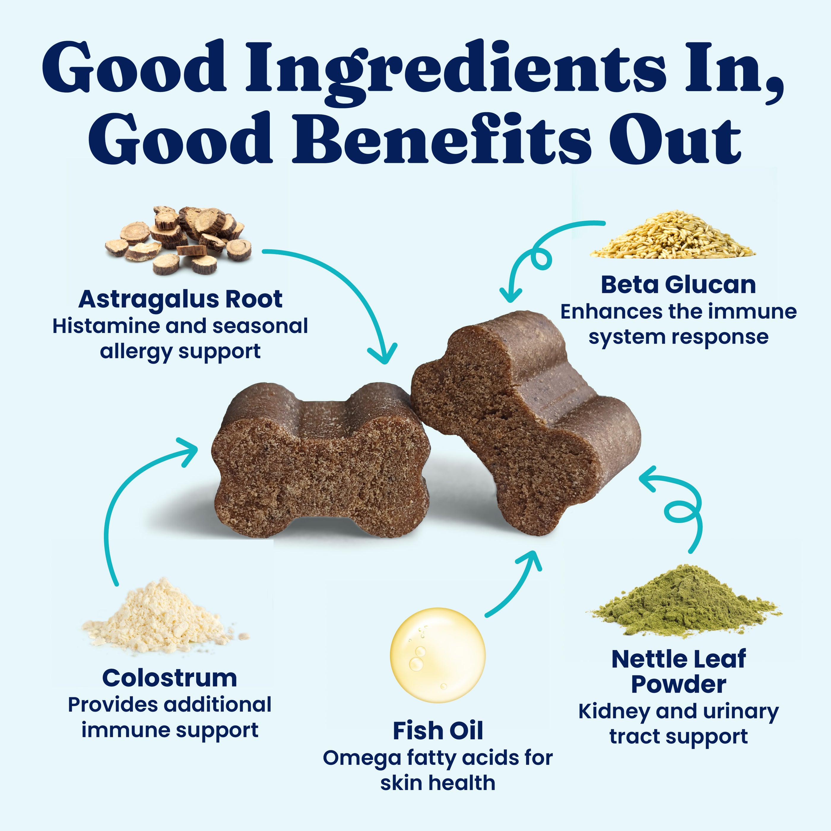 Brown bone-shaped chews with labeled ingredients: Astragalus Root, Beta Glucan, Colostrum, Fish Oil, and Nettle Leaf Powder.