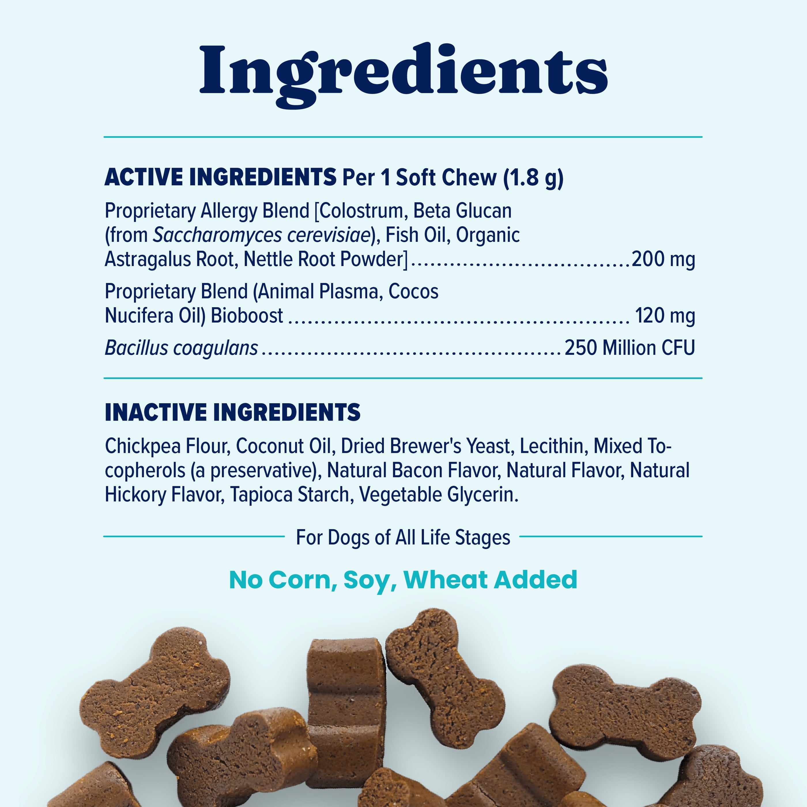 Ingredients list for Allergy Support Chews for Dogs, detailing active and inactive components.