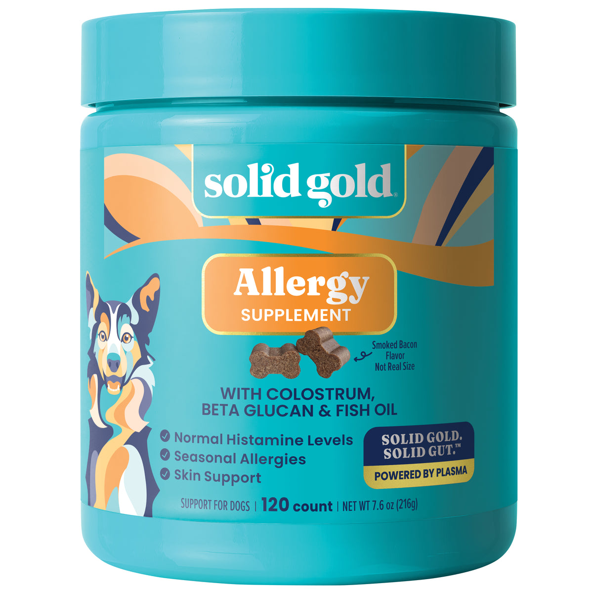 Turquoise container of allergy support chews for dogs, featuring a dog graphic and labeled with ingredients and benefits.