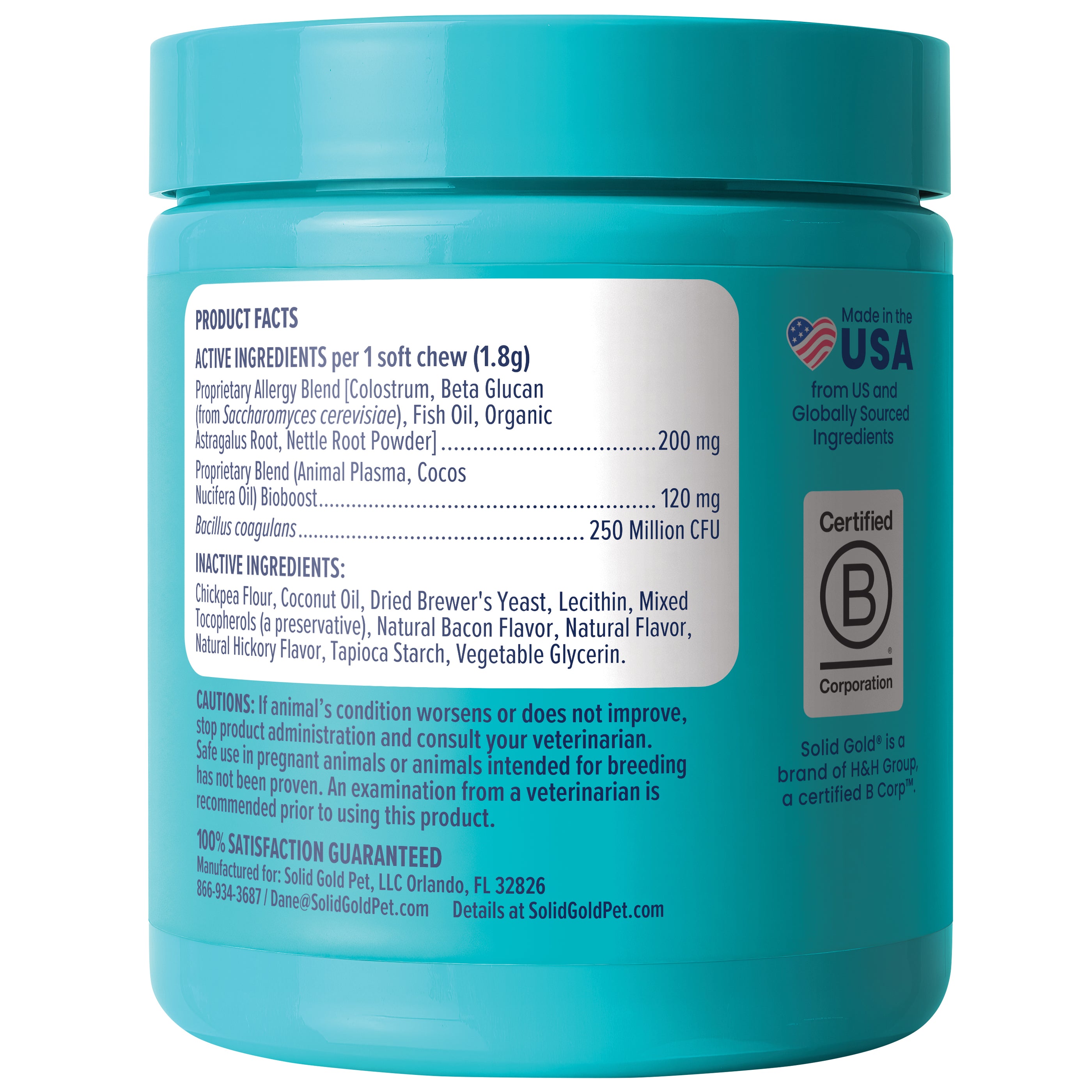 Container of Allergy Support Chews for dogs with ingredient list and usage instructions on the label.