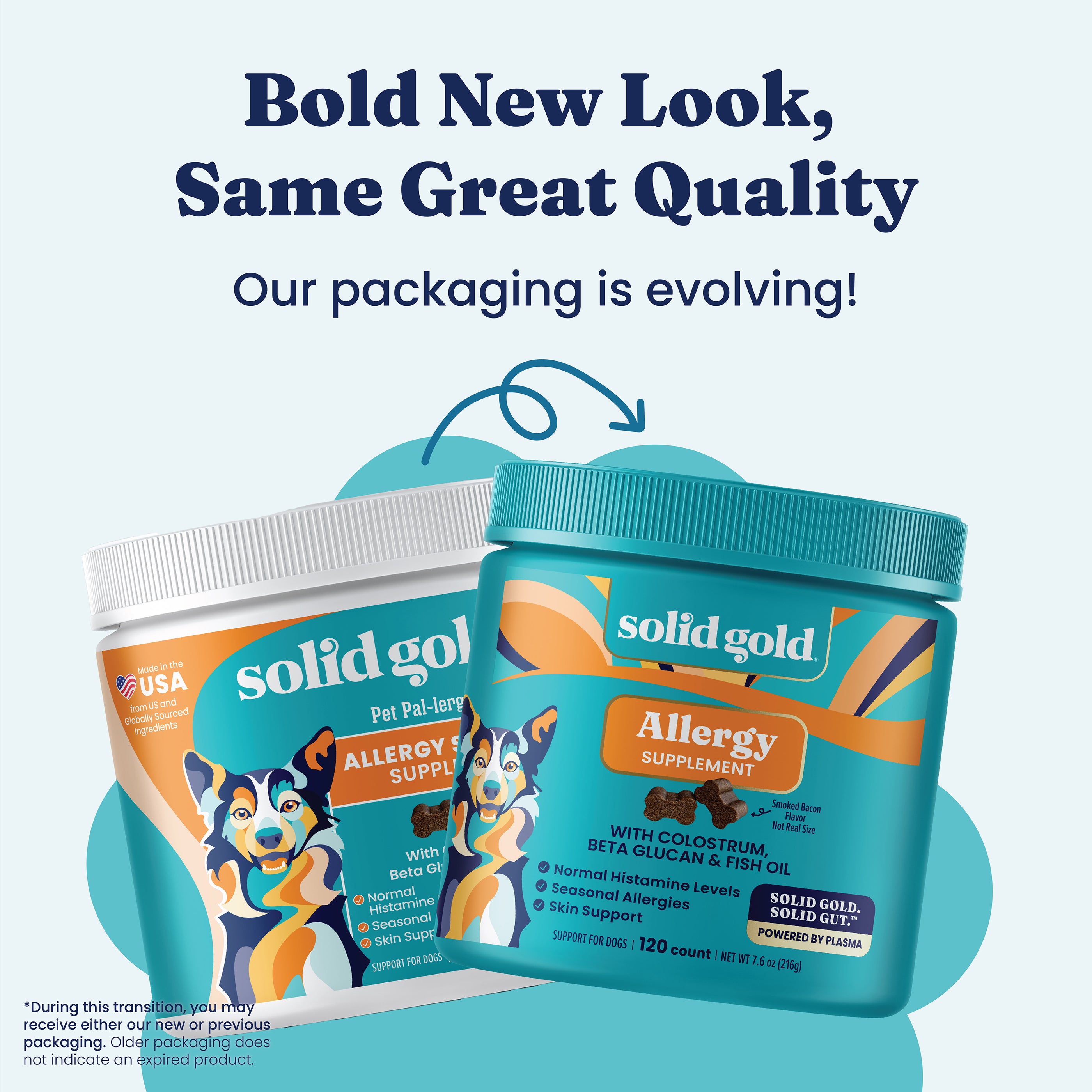 Two containers of Solid Gold Allergy Support Chews for dogs, featuring updated packaging designs and product information.