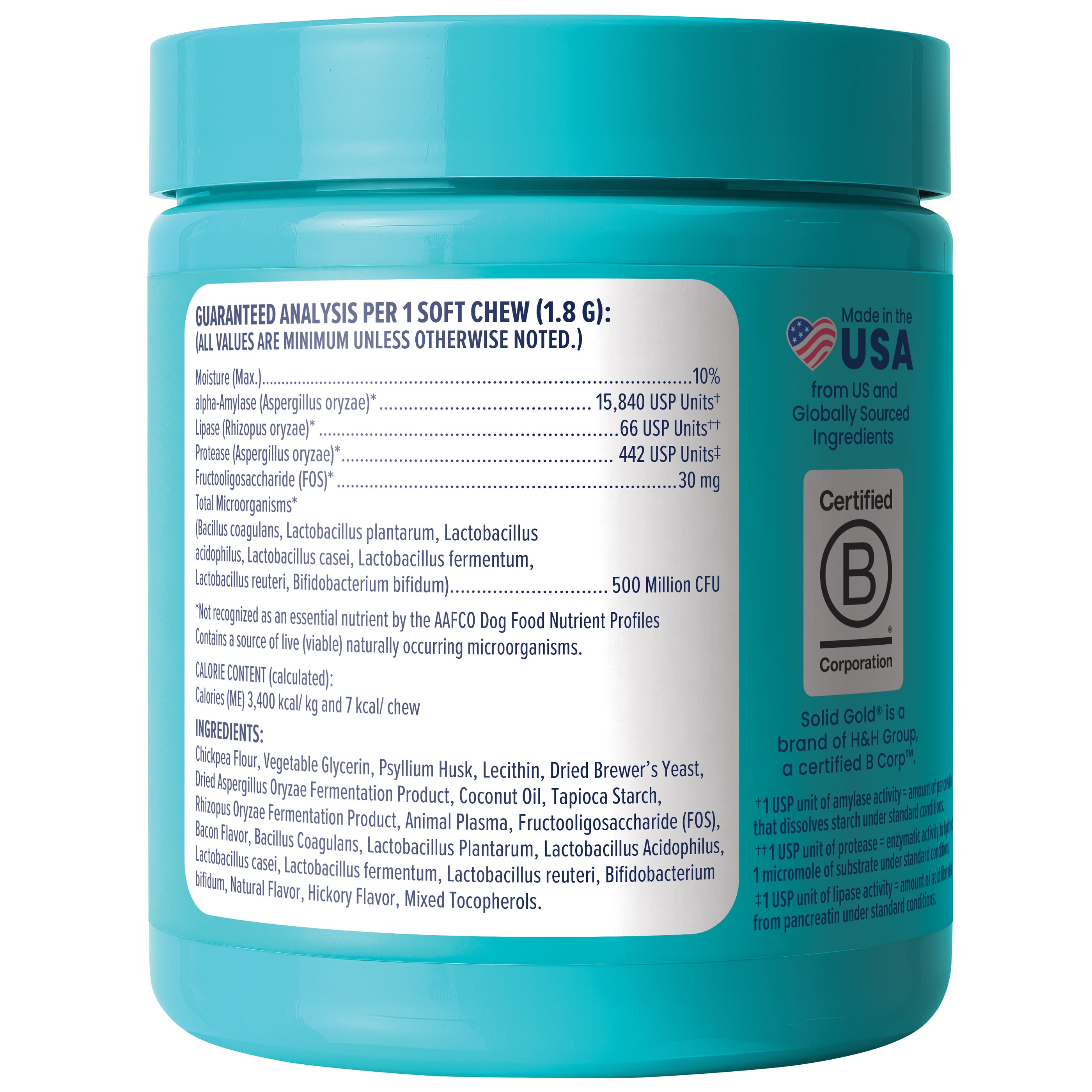 Container of Mellow Belly™ Gut Health Chews for dogs, featuring nutritional information and ingredient list on the label.