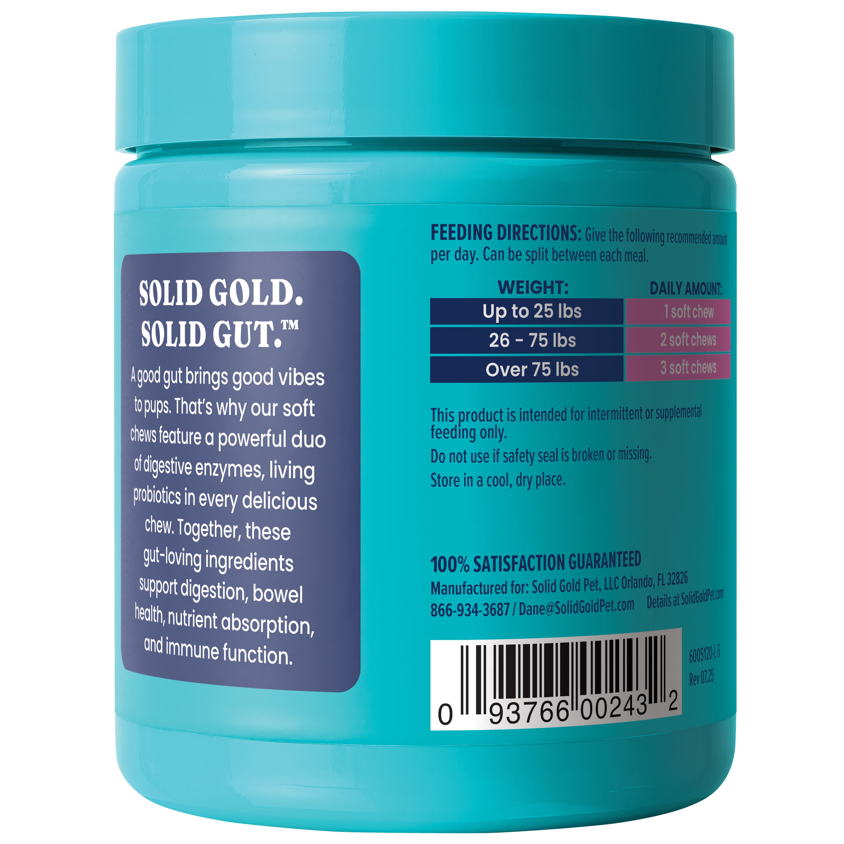 Turquoise container of Mellow Belly™ Gut Health Chews for dogs with feeding directions and product information on the label.