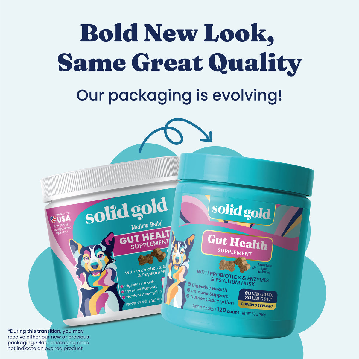Two containers of Solid Gold Mellow Belly Gut Health Chews for dogs, showcasing new packaging designs.
