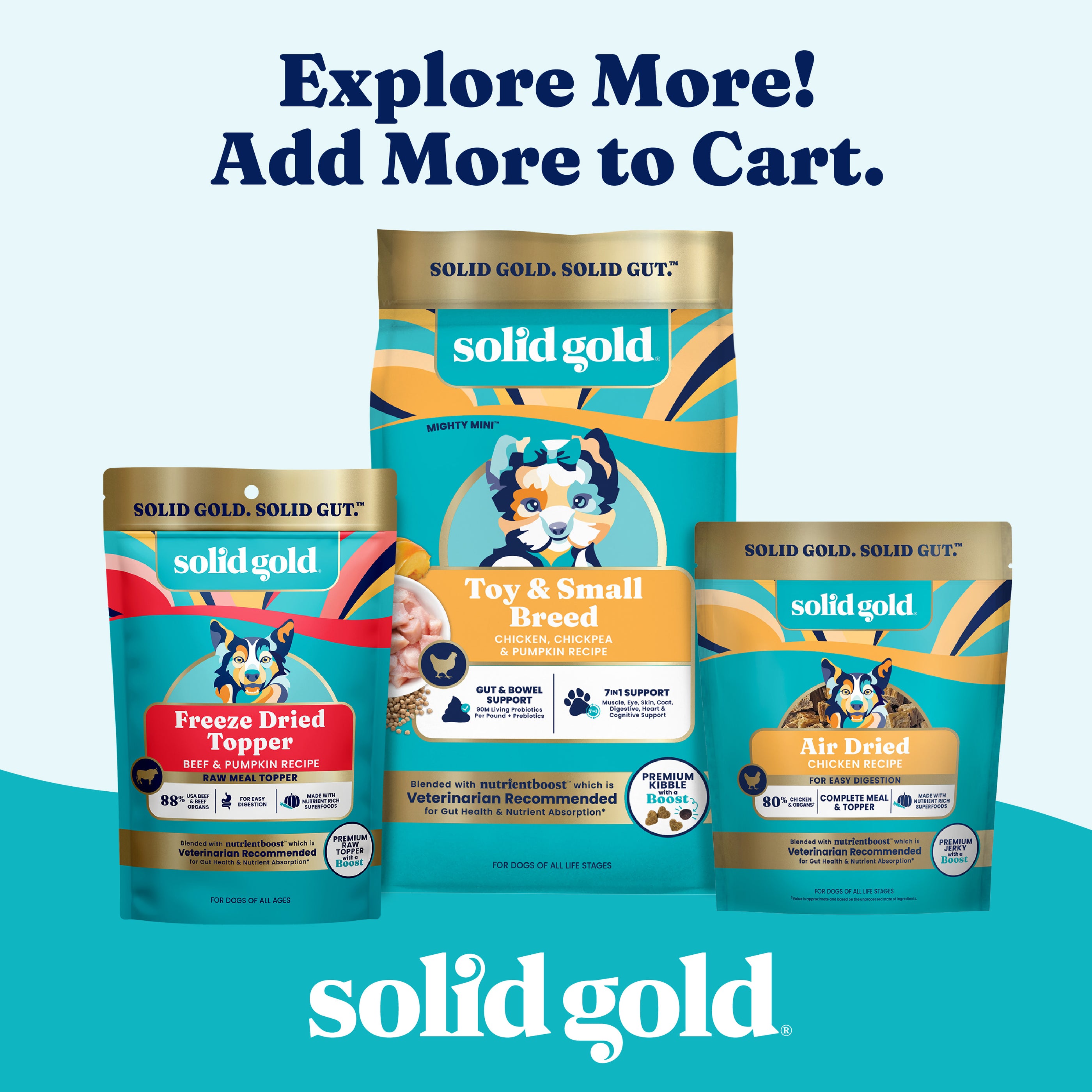 Three dog food products displayed: multivitamin chews, freeze-dried topper, and air-dried chicken recipe.