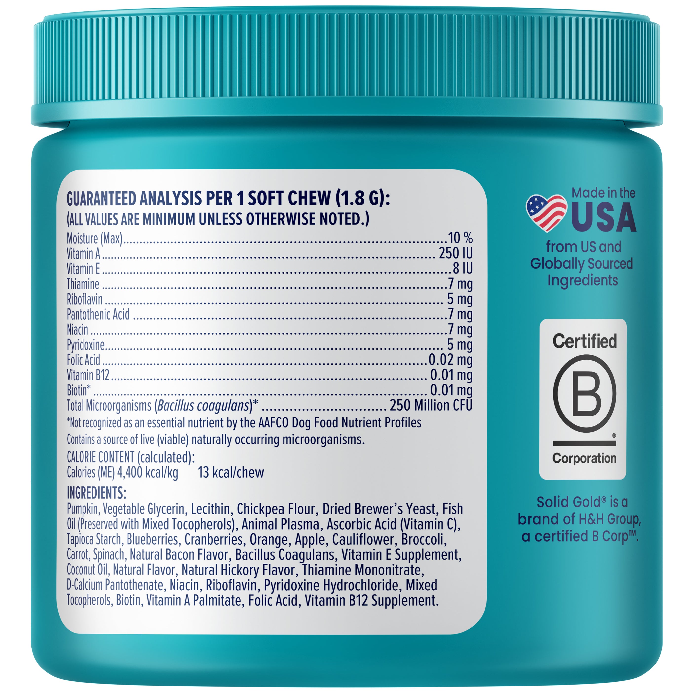 Container of multivitamin chews for dogs with nutritional information and ingredients listed on the label.