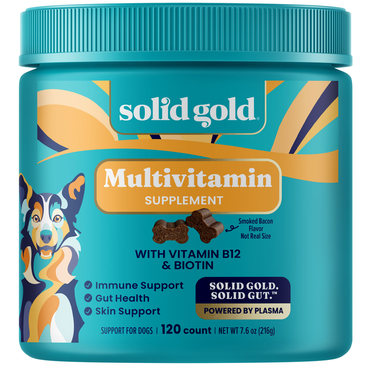 Container of multivitamin chews for dogs, featuring smoked bacon flavor and labeled for immune, gut, and skin support.