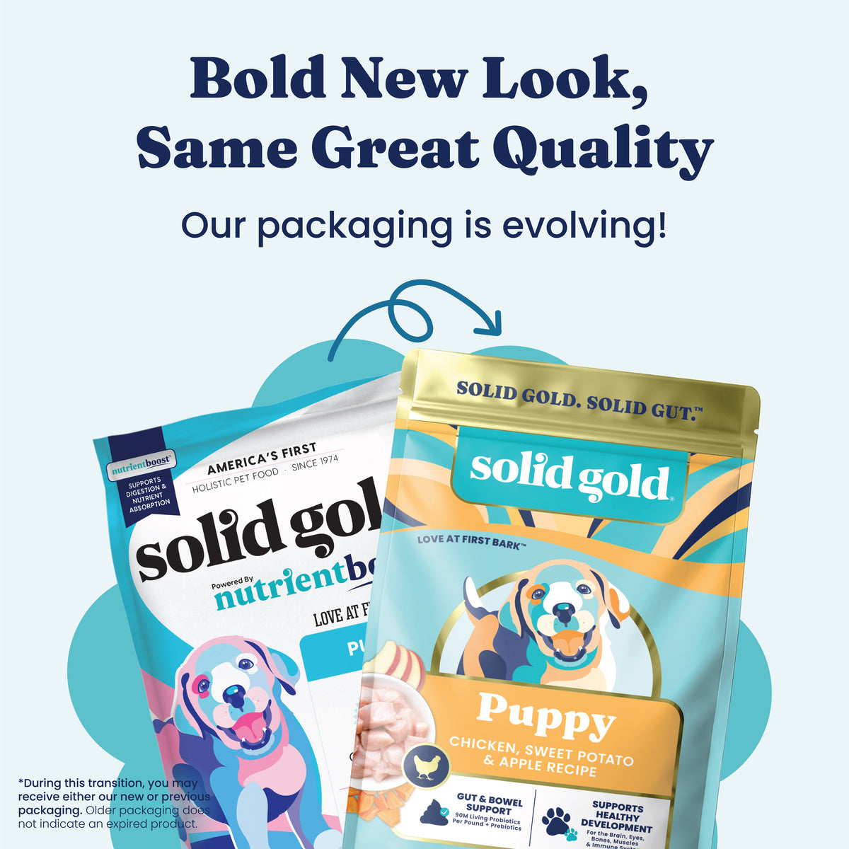 Two bags of puppy dry food with colorful packaging, featuring a dog illustration and product details.