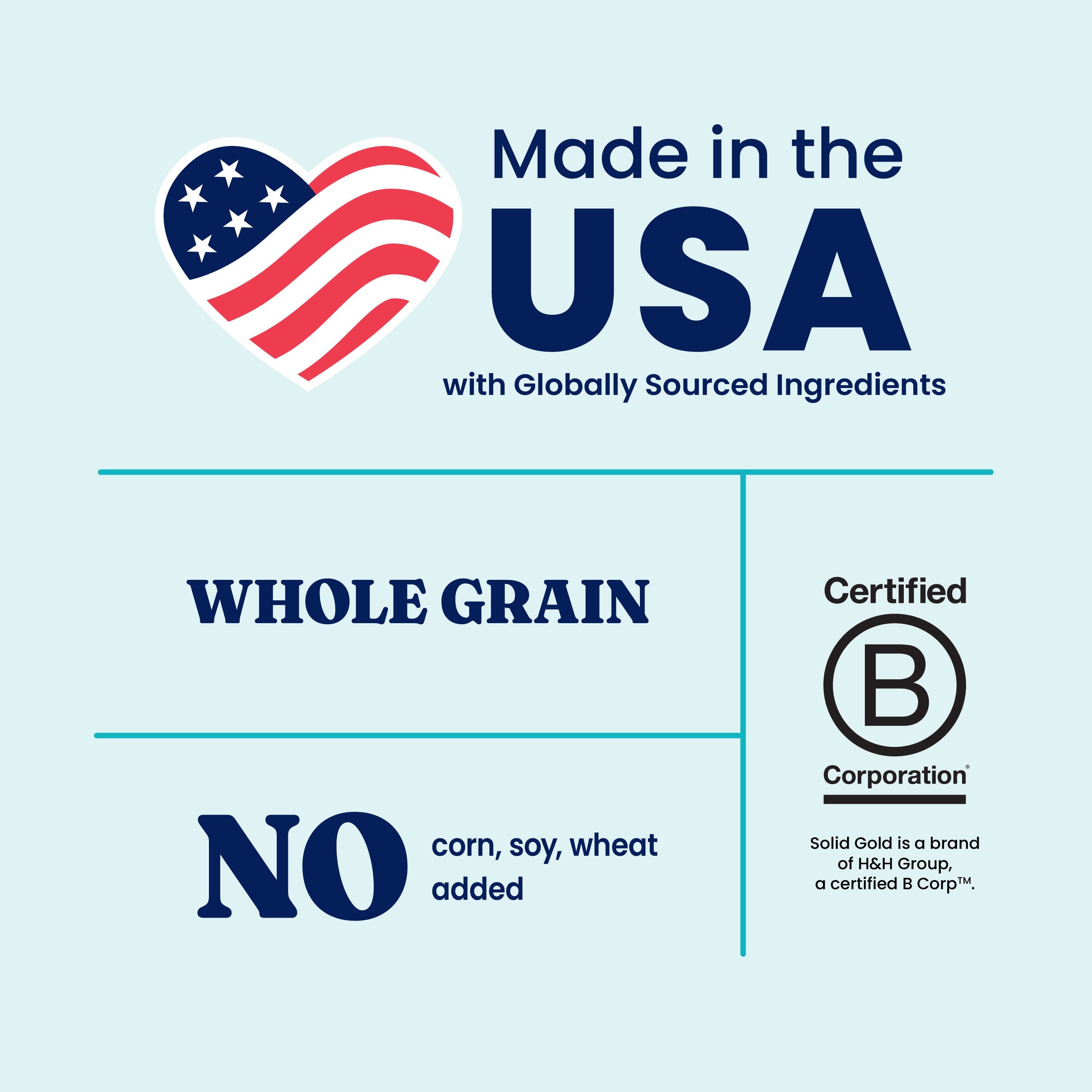Label features a heart with the American flag, stating "Made in the USA," "Whole Grain," and "No corn, soy, wheat added."
