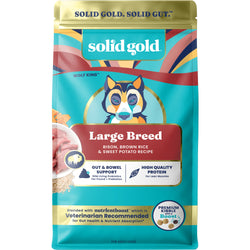 Dry dog food bag featuring a colorful design, labeled "Large Breed" with bison, brown rice, and sweet potato recipe.