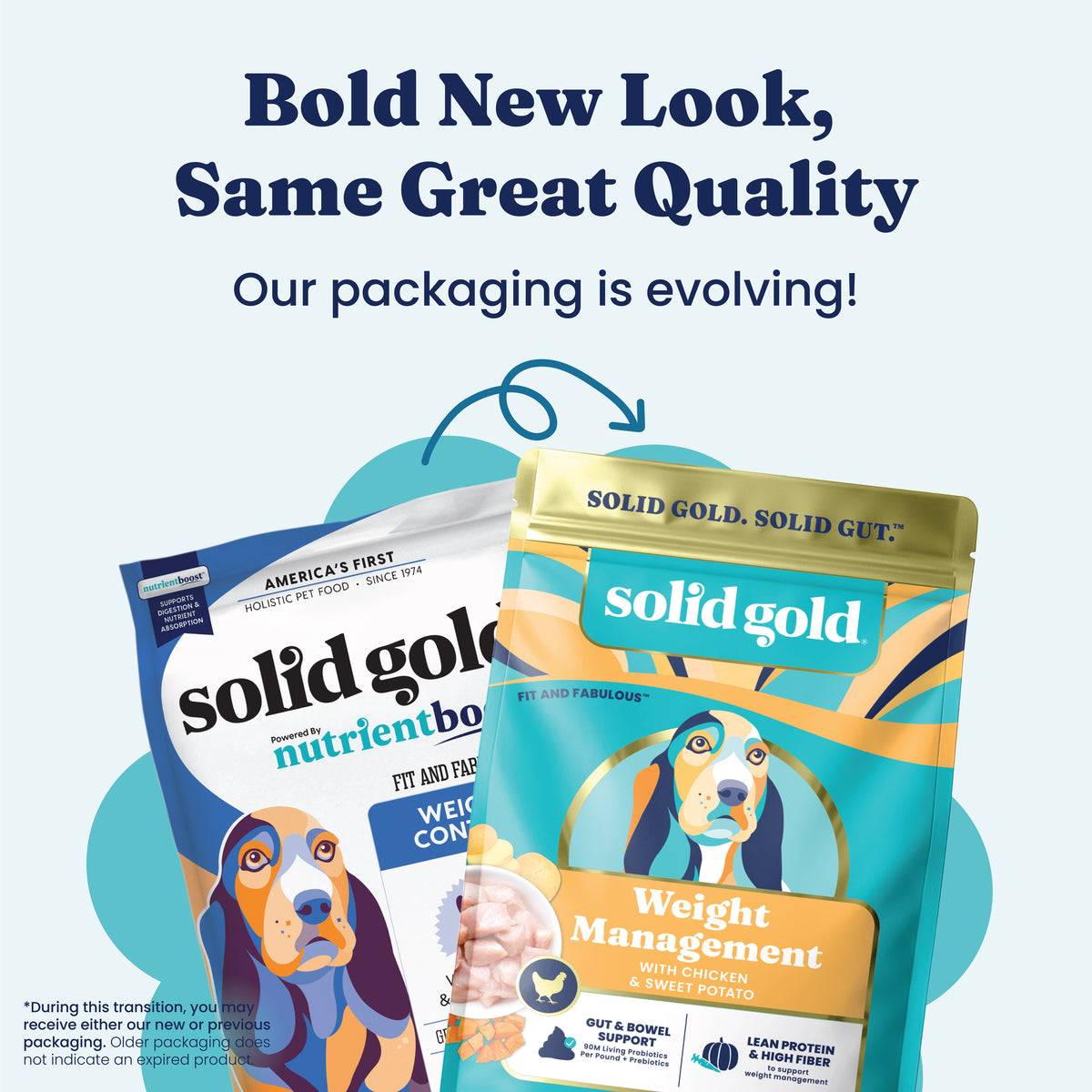 Two dog food packaging designs featuring a dog illustration, with text highlighting a new look and quality assurance.