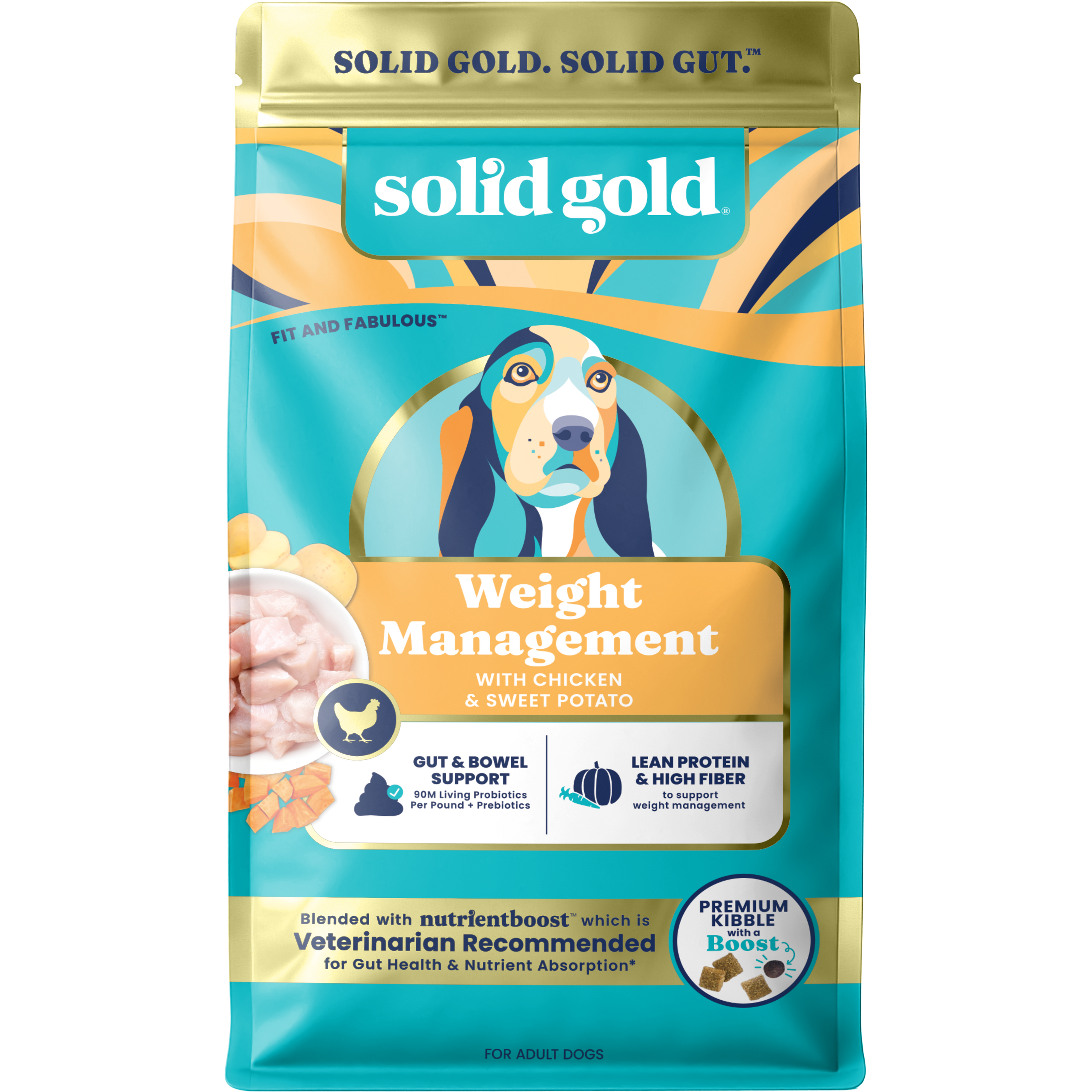 Solid Gold dog food package with turquoise and gold design featuring a brown and white dog, chicken and sweet potato weight m