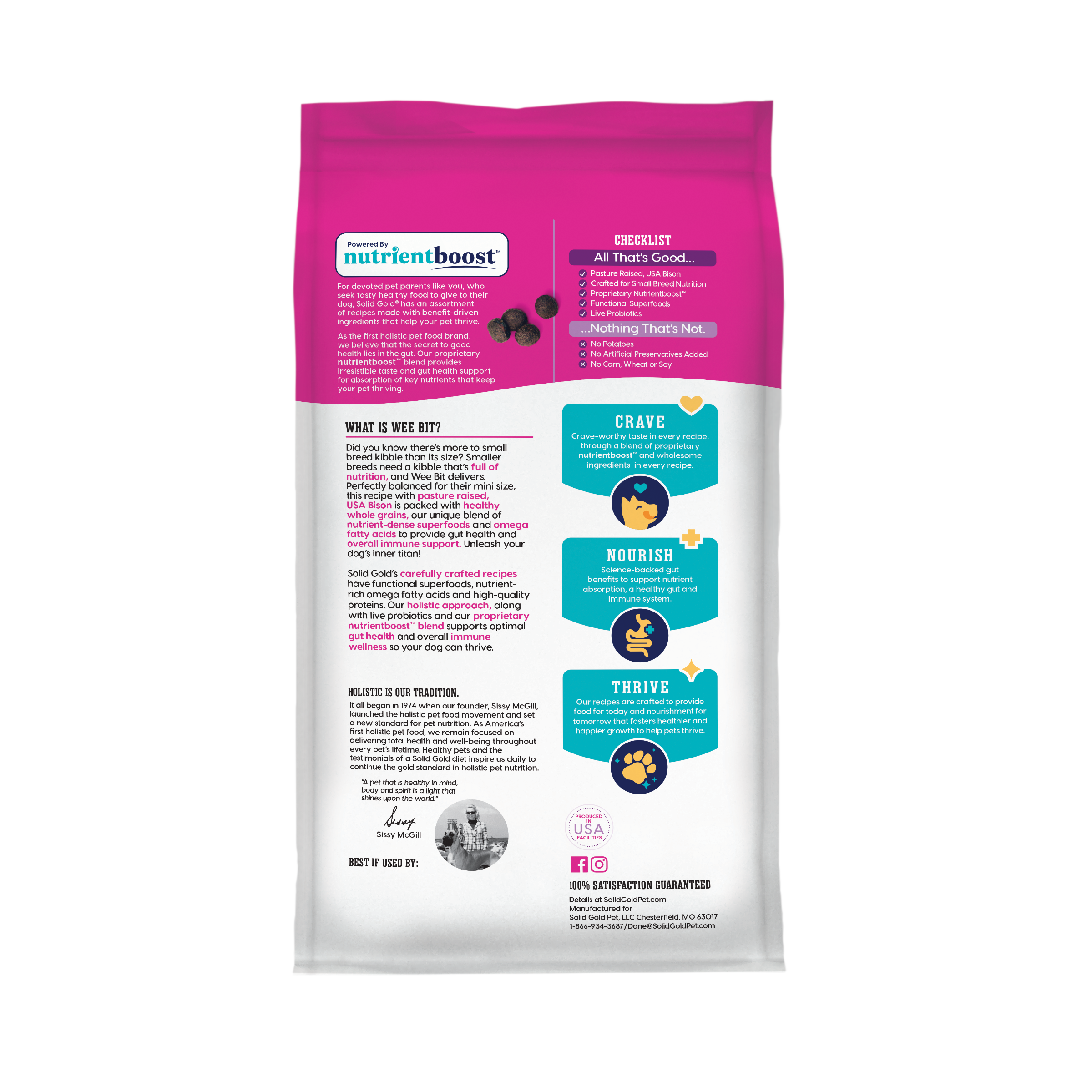 Dry dog food bag featuring nutritional information and benefits for small breeds, with a pink and white design.