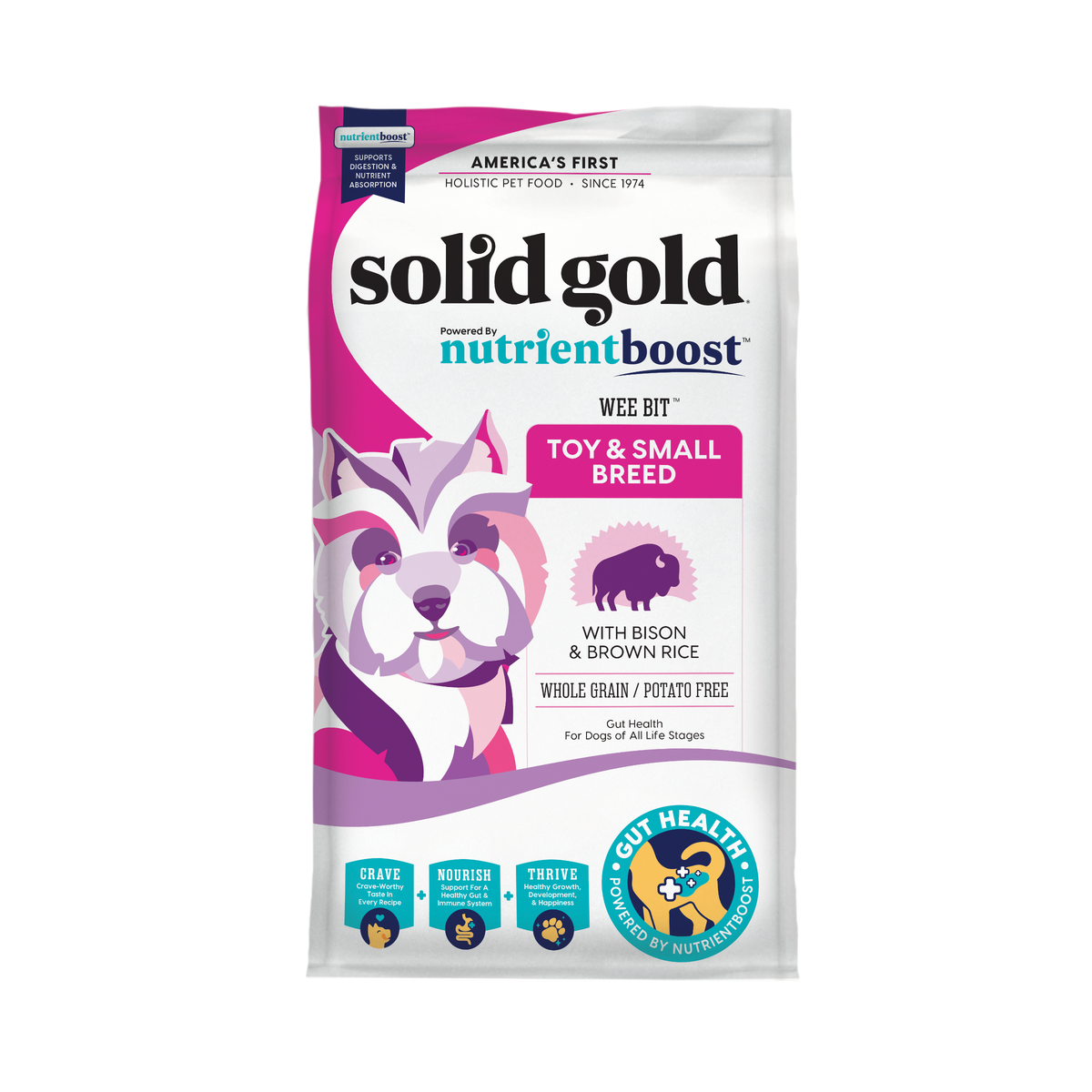Dry dog food bag featuring bison and brown rice, designed for toy and small breeds.