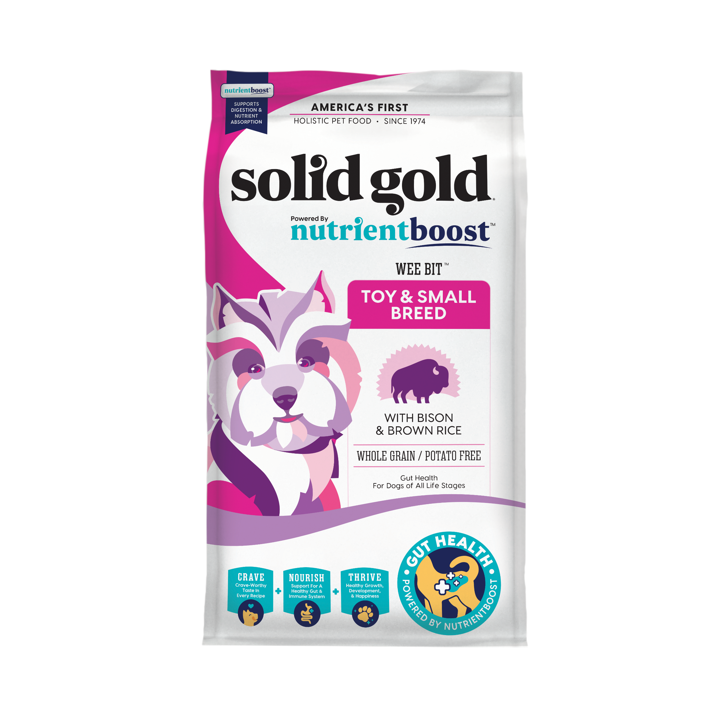Dry dog food bag featuring bison and brown rice, designed for toy and small breeds.