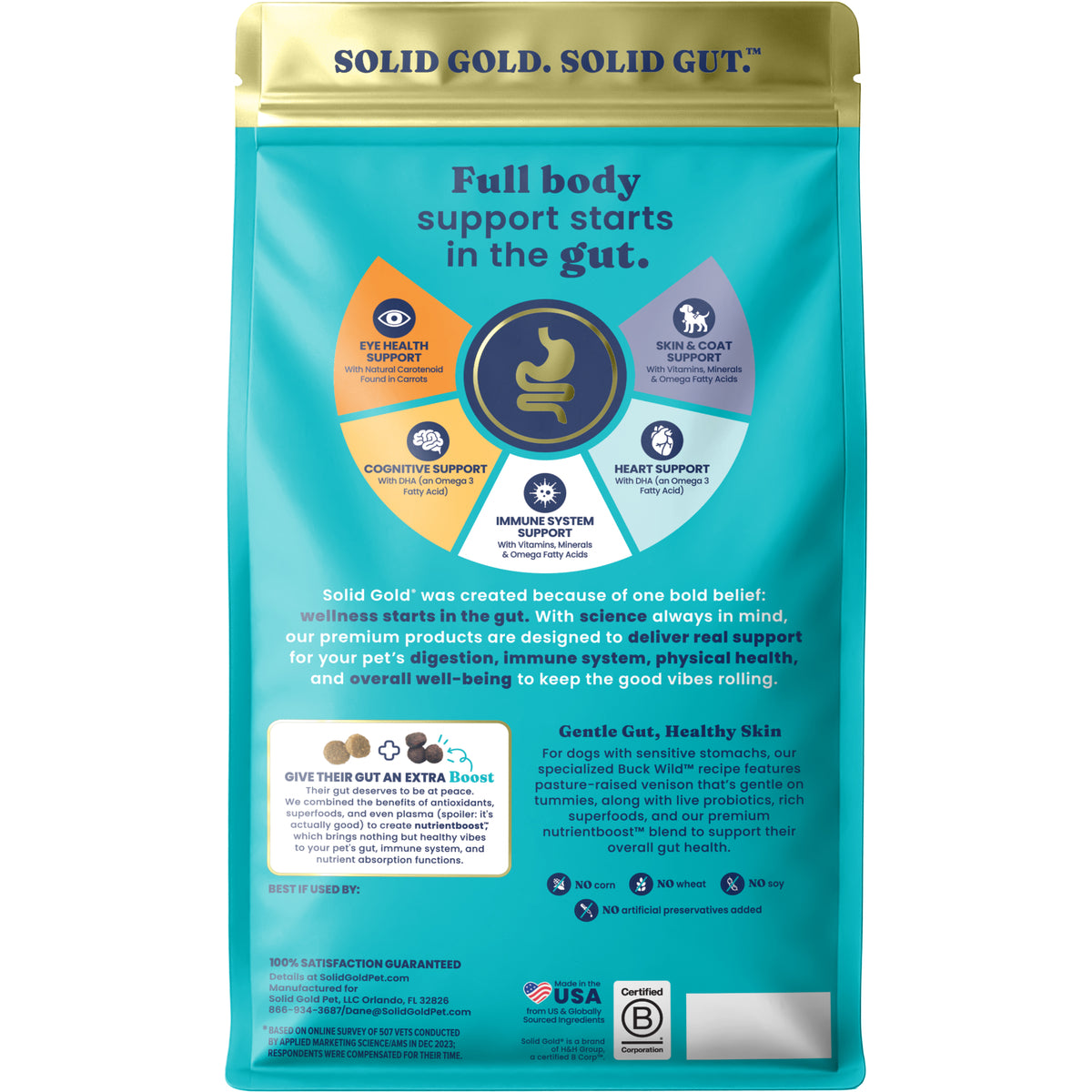 Dry dog food bag featuring nutrient benefits for sensitive stomachs, with icons for health support areas.