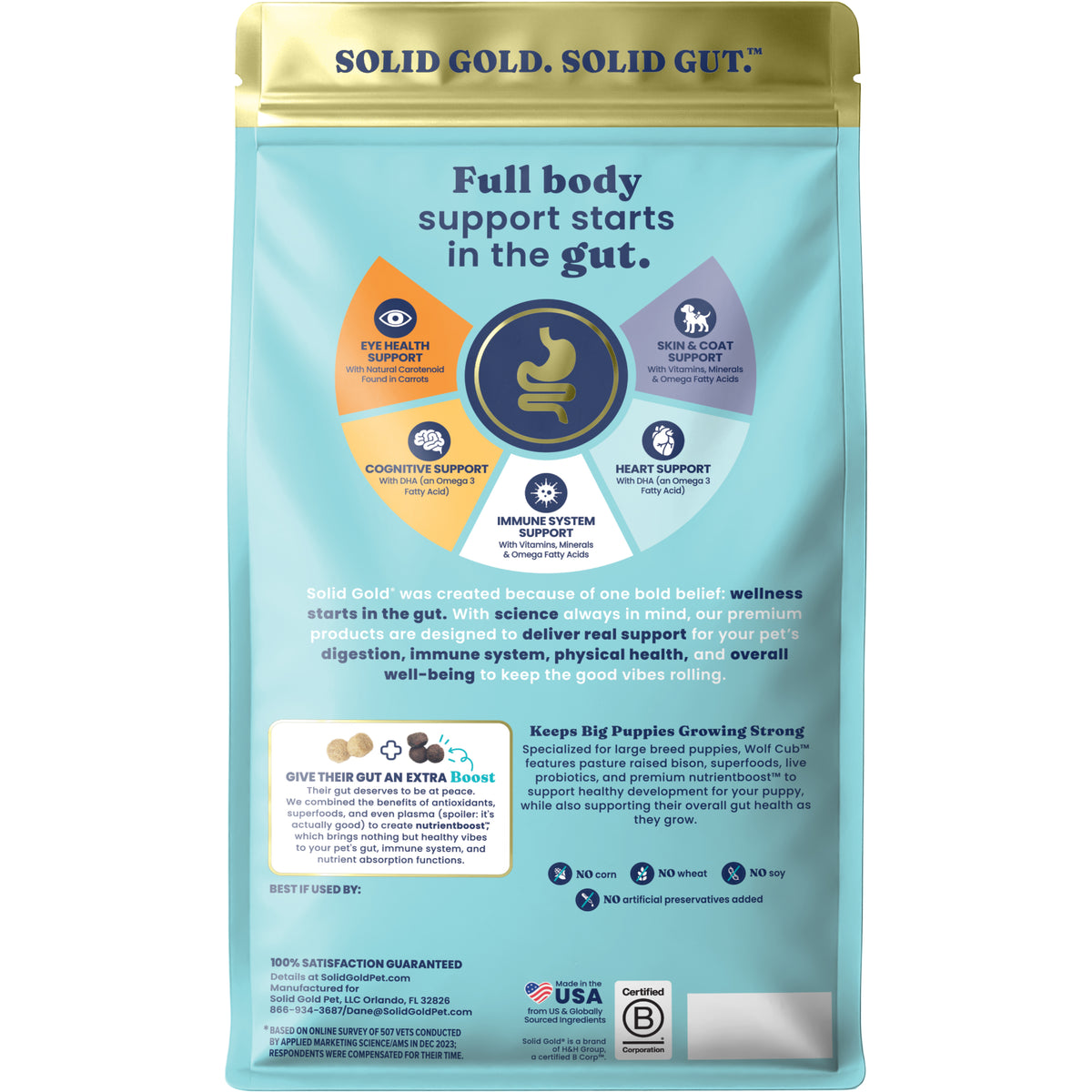 Dry dog food bag for large breed puppies, featuring health support benefits and ingredient information on the back.