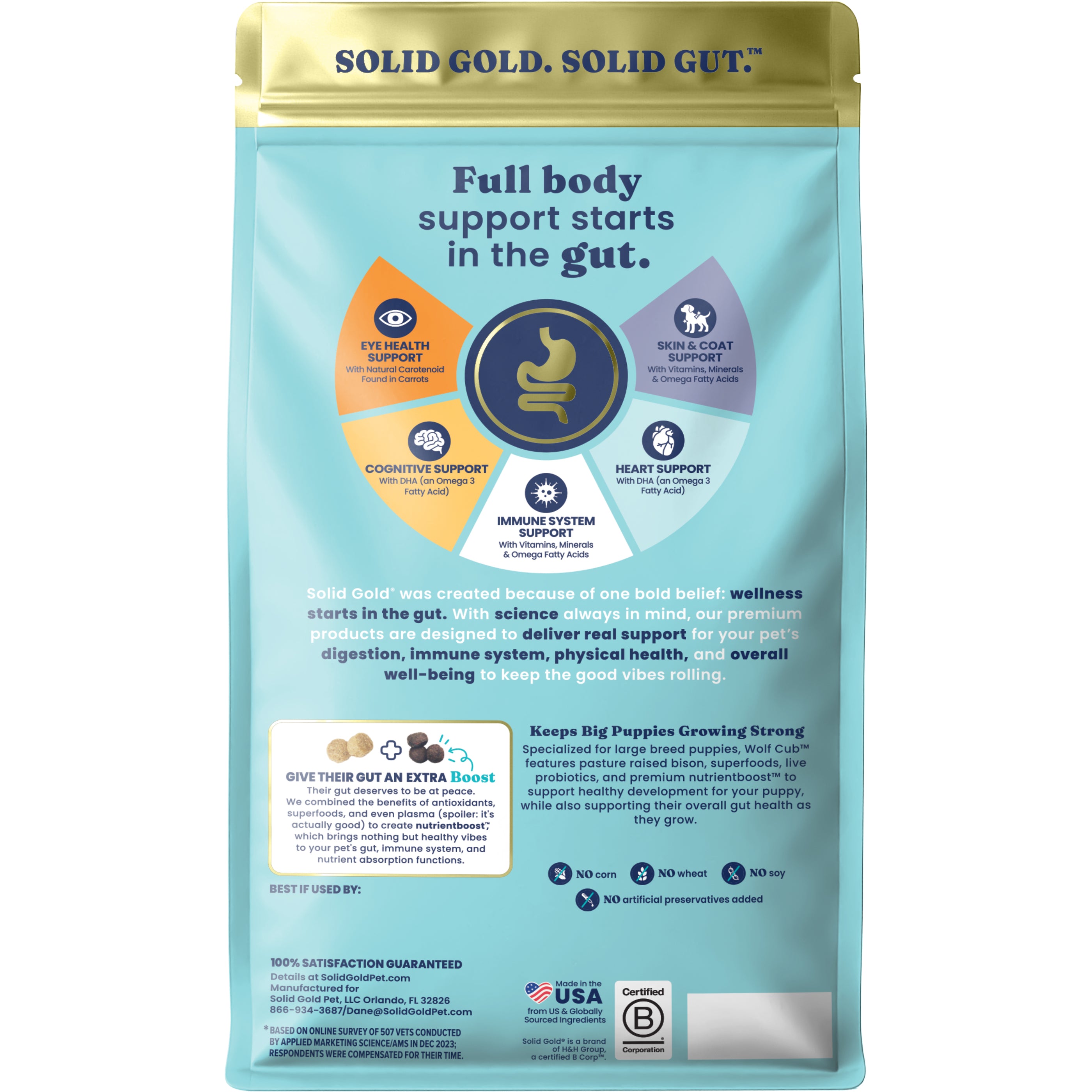 Dry dog food bag for large breed puppies, featuring health support benefits and ingredient information on the back.