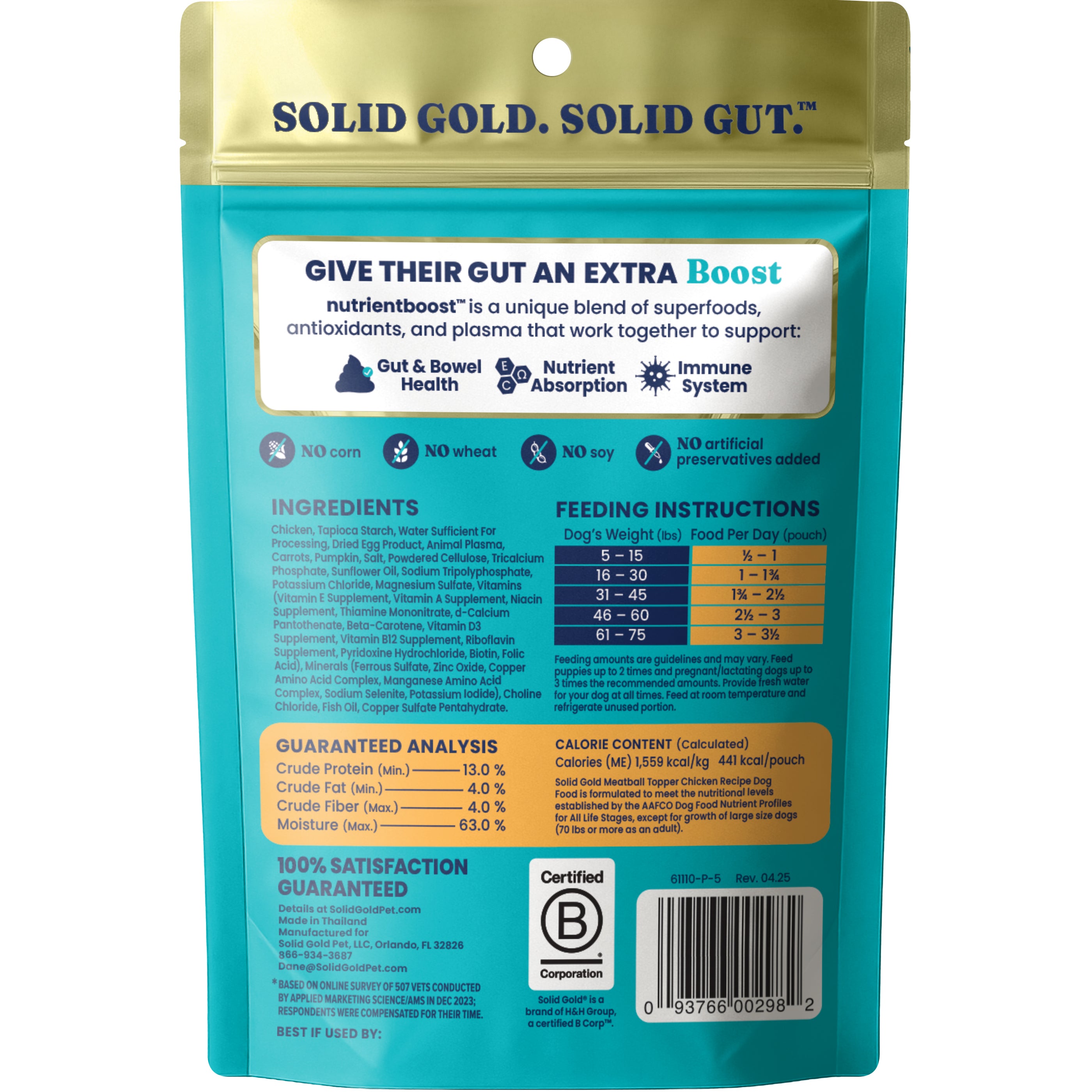 Back of a pouch featuring nutritional information, ingredients, and feeding instructions for dog meatball topper.
