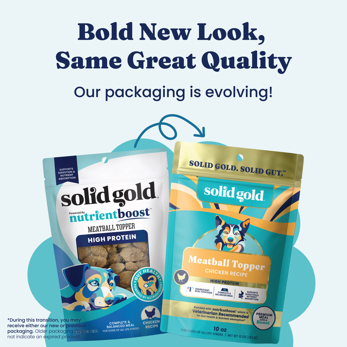 Two dog food packaging designs side by side, featuring "Nutrientboost™ Meatball Topper" and "Meatball Topper Chicken Recipe."