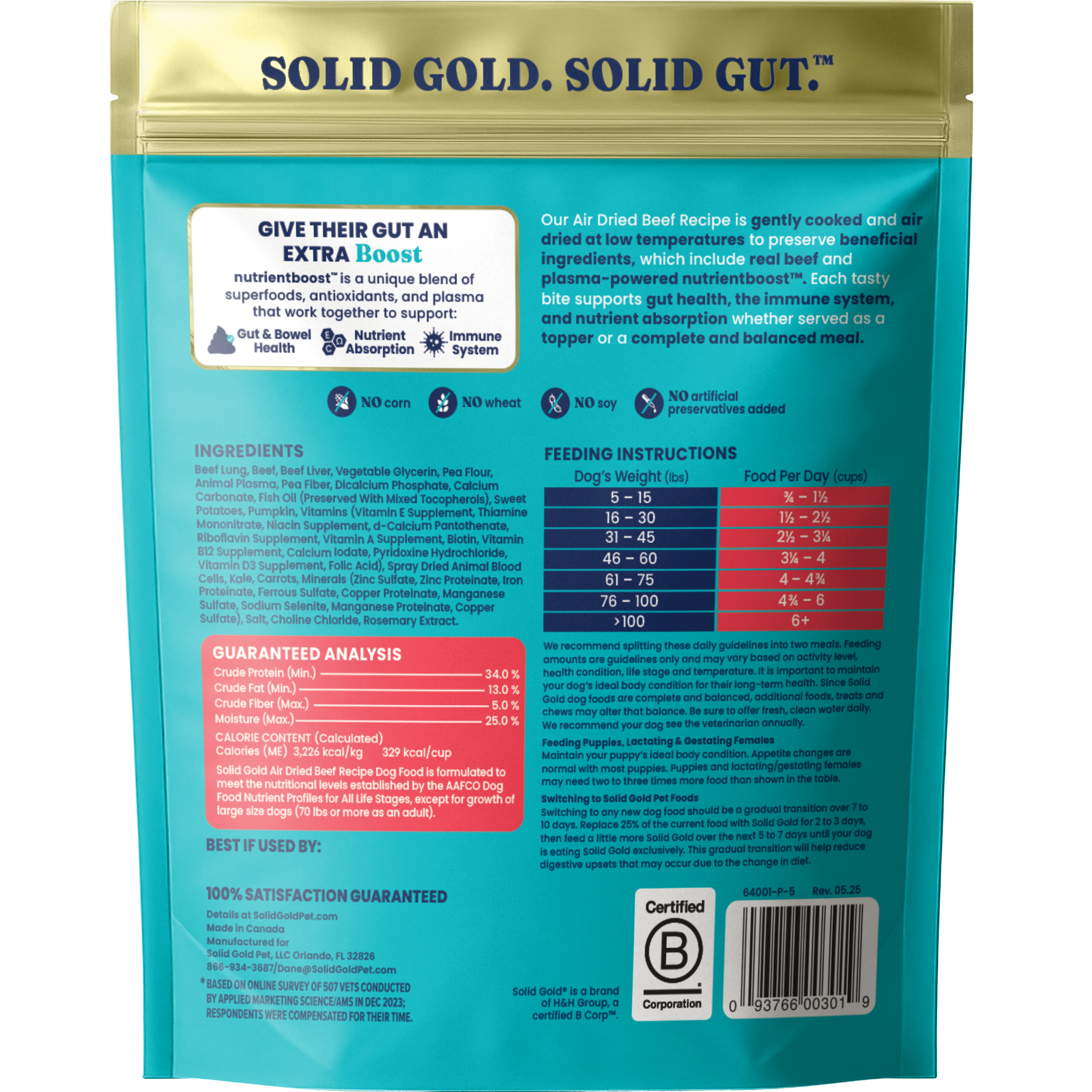 Gold and turquoise resealable pouch of Nutrientboost™ beef air-dried dog food with product information and feeding guidelines