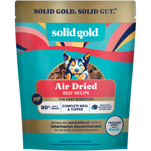 Resealable bag of air-dried beef dog food with colorful design and nutritional information.