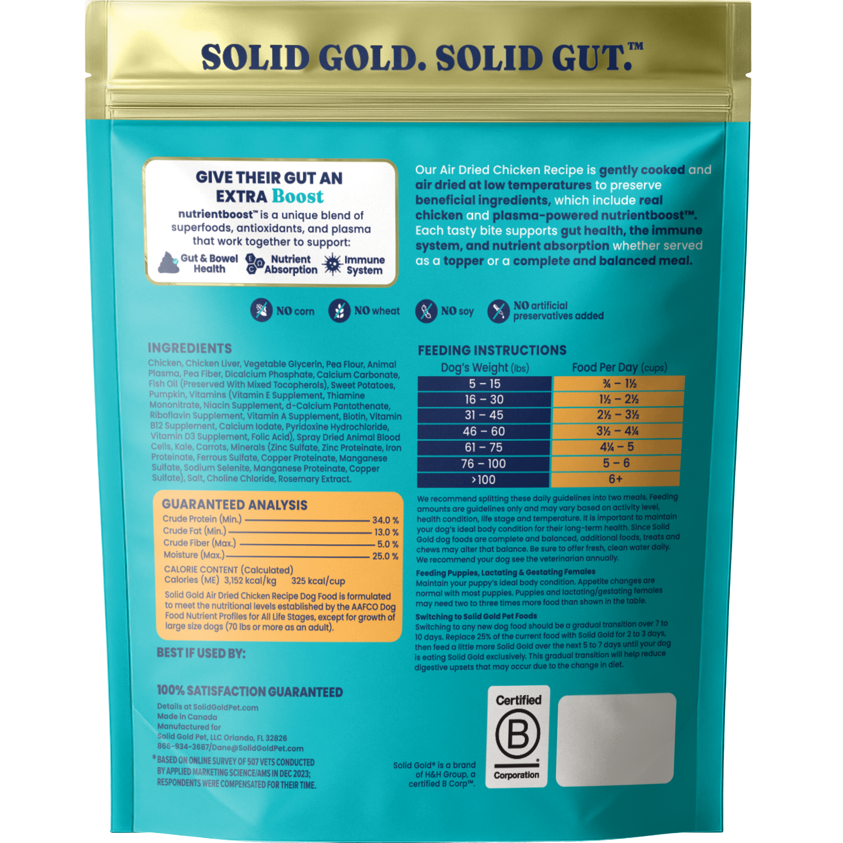 Back of a Solid Gold dog food package with text and nutritional information.