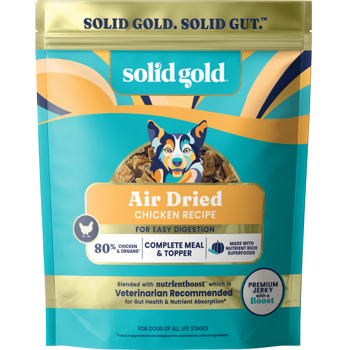 Solid Gold air dried chicken recipe dog food packaging on a white background