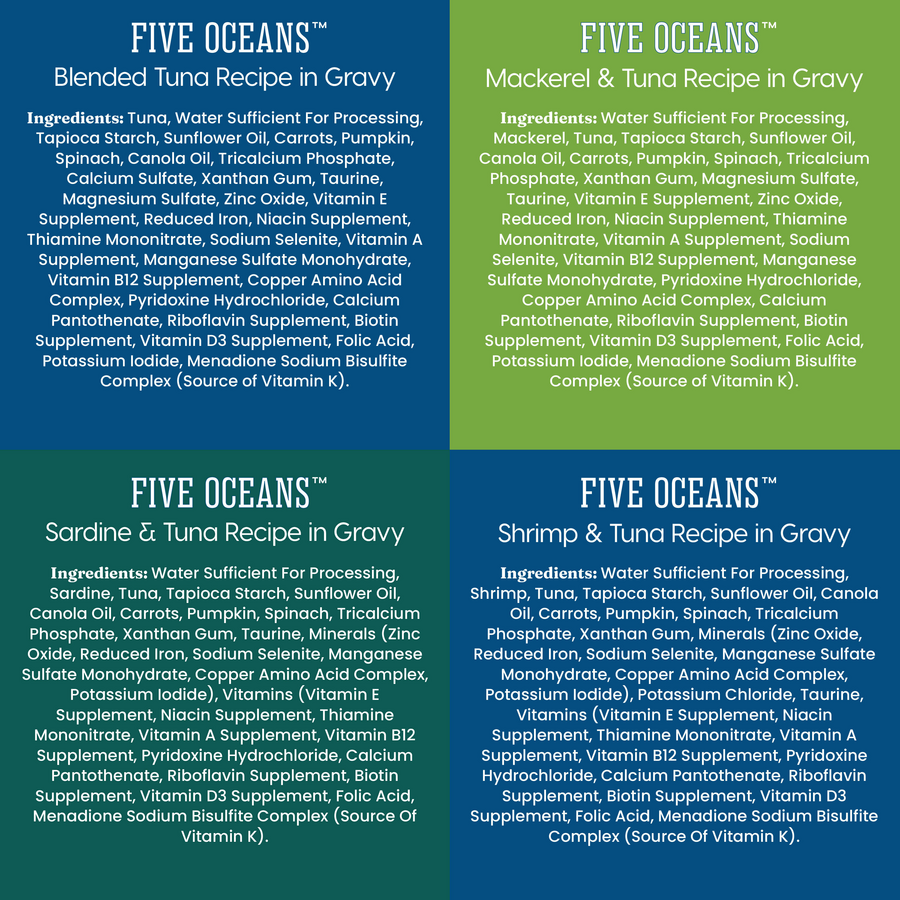 Wet food variety pack for cats featuring four recipes: blended tuna, mackerel, sardine, and shrimp, each in gravy.