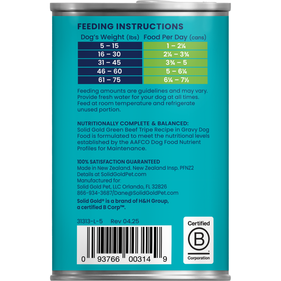 Feeding instructions and nutritional information for sensitive stomach wet food for adult dogs.