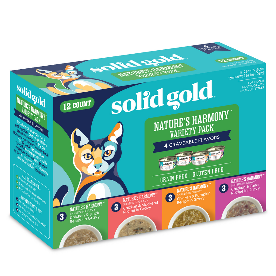 Variety pack of wet cat food featuring four flavors, includes 12 cans in total, gluten-free and grain-free.
