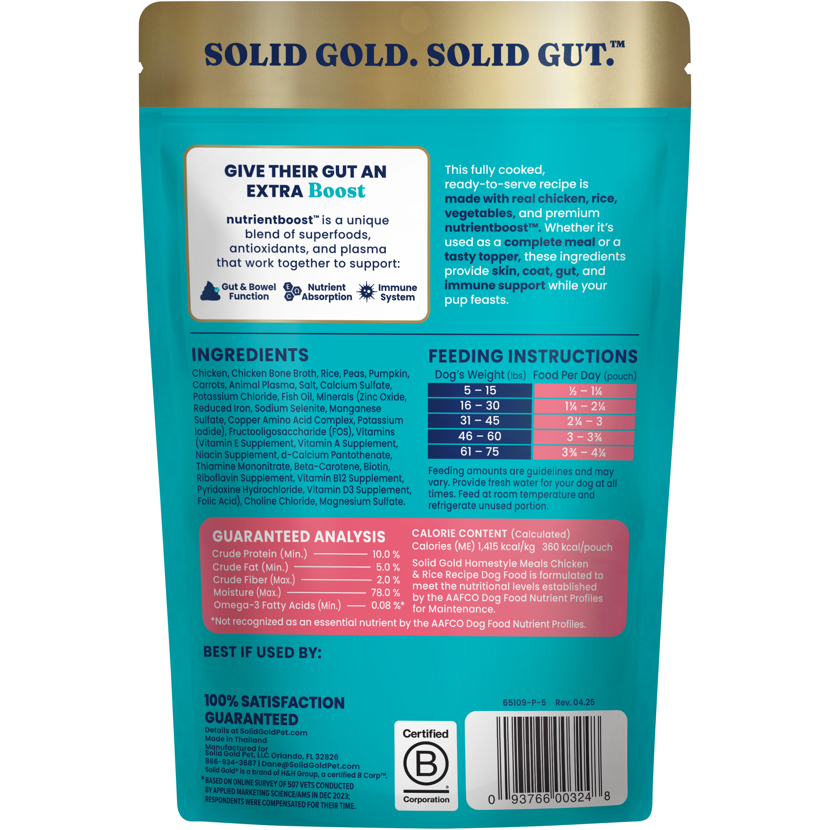 Back of a pouch of Nutrientboost™ Homestyle Meal Skin & Coat Wet Food for Dogs, detailing ingredients and feeding instruction