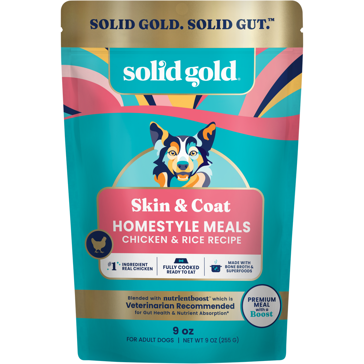 Wet dog food pouch featuring a colorful design, labeled "Skin & Coat Homestyle Meals Chicken & Rice Recipe," 9 oz.