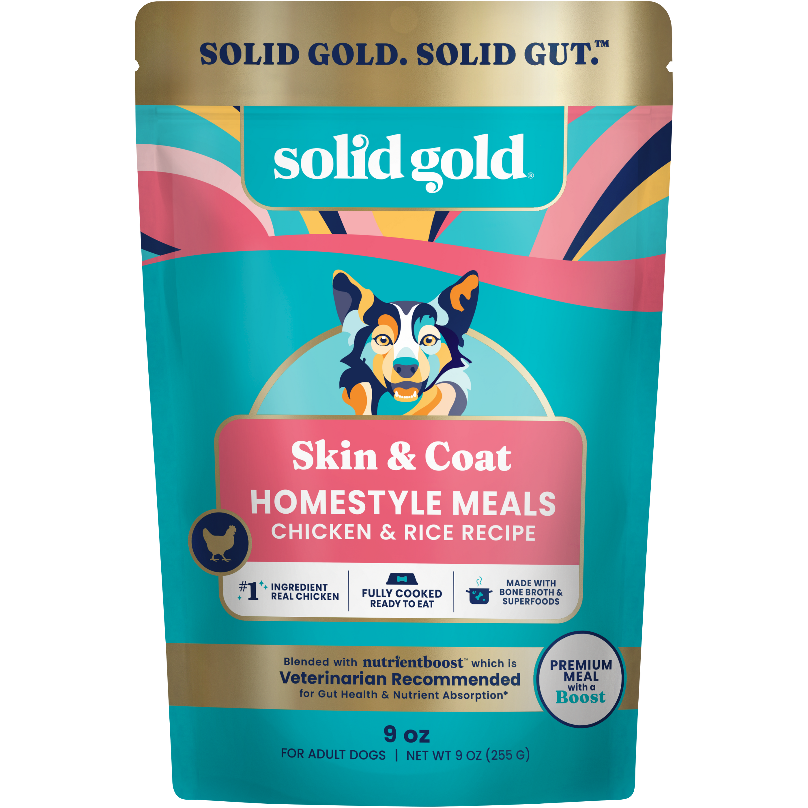 Wet dog food pouch featuring a colorful design, labeled "Skin & Coat Homestyle Meals Chicken & Rice Recipe," 9 oz.