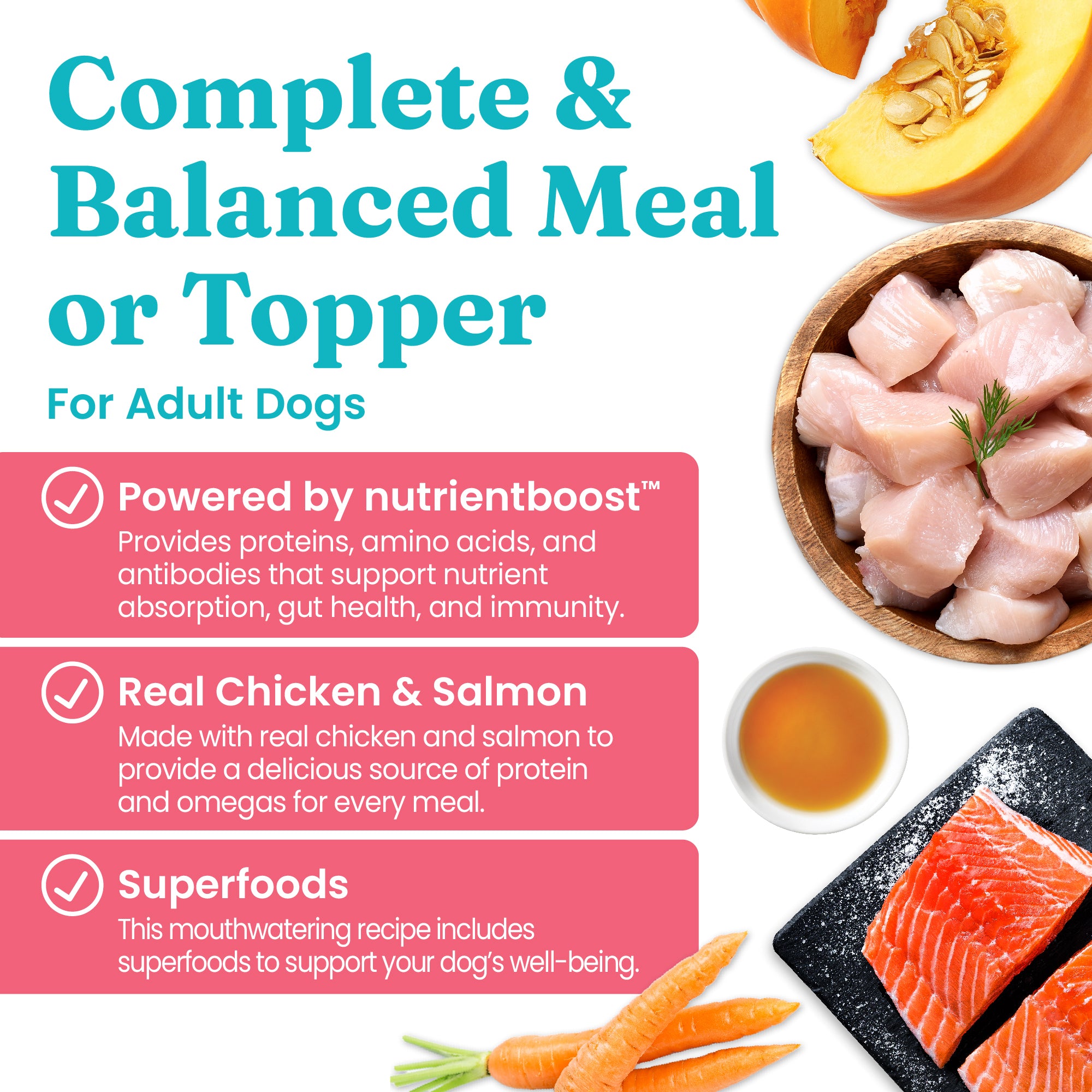 Wet dog food featuring chicken, salmon, and superfoods, designed as a complete meal or topper for adult dogs.