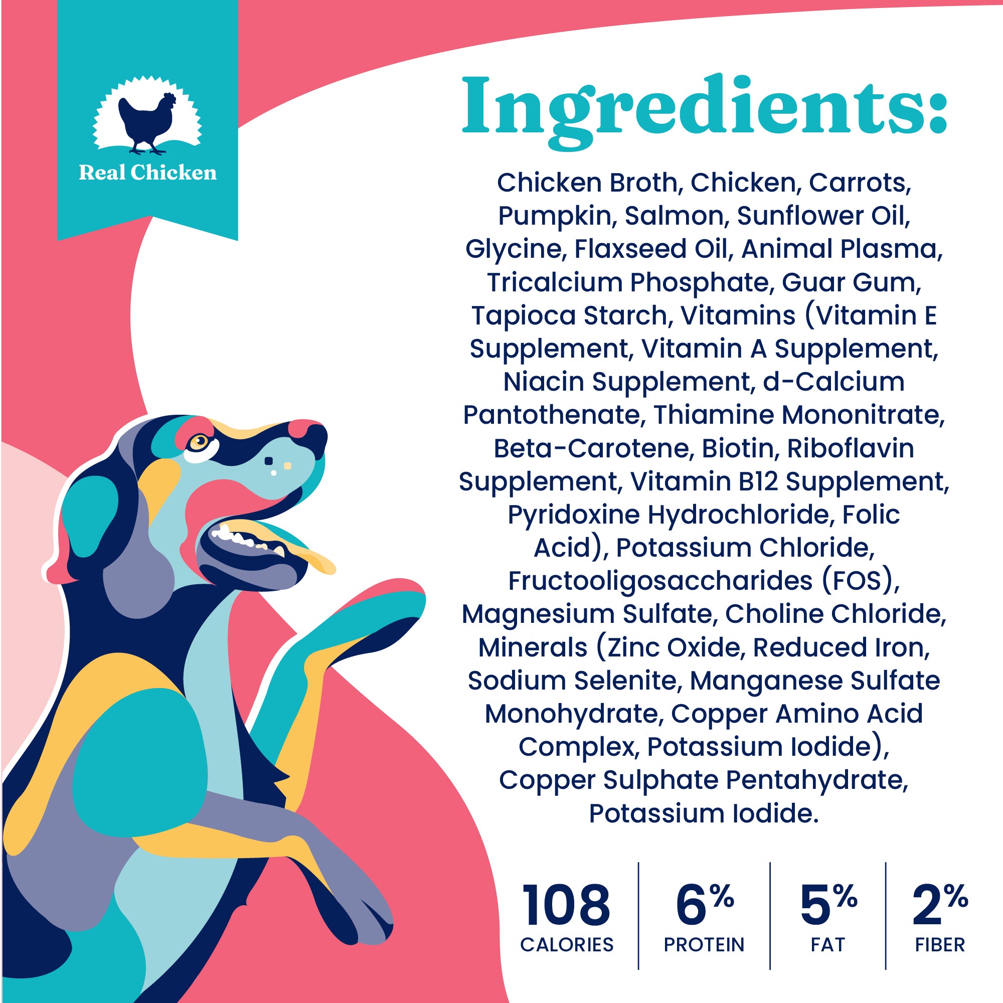 Colorful graphic of a dog with a list of ingredients for wet food, including chicken, pumpkin, and vitamins.