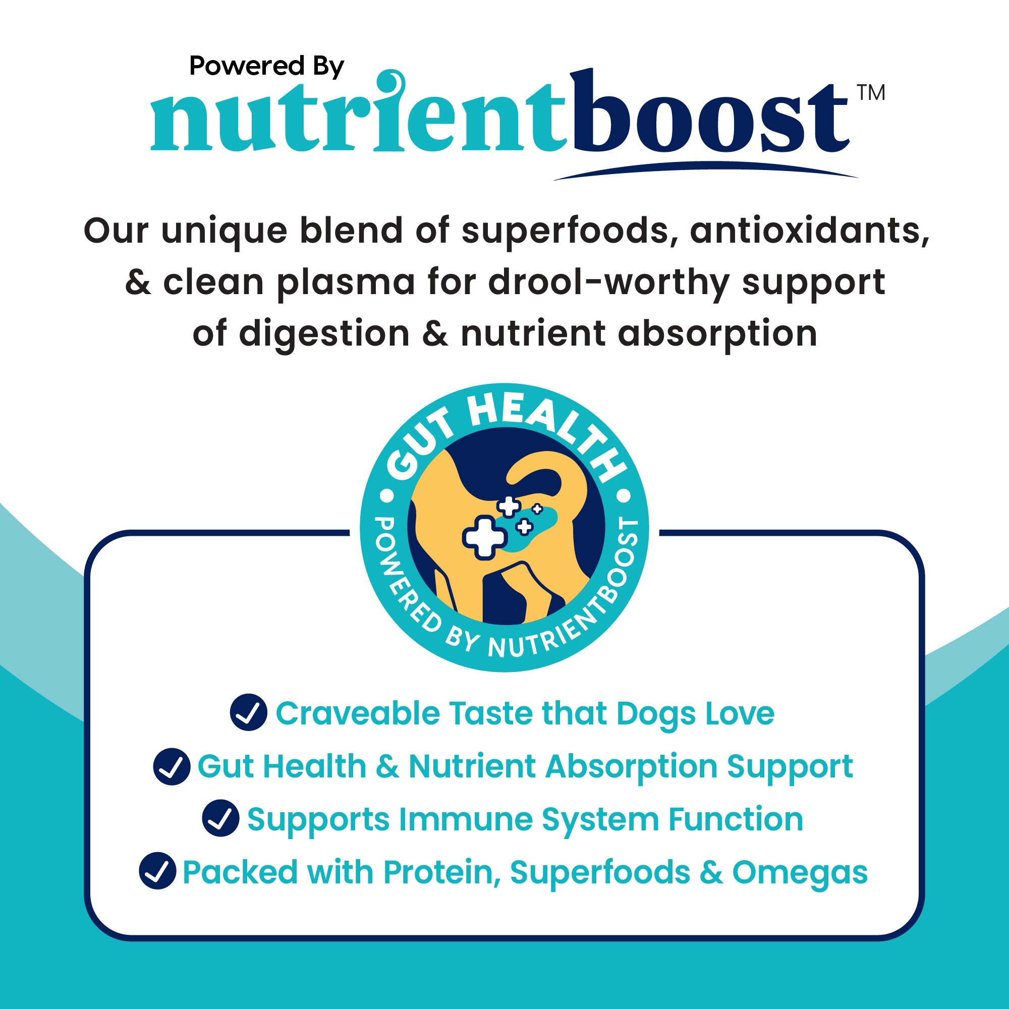 Nutrientboost™ branding with text highlighting benefits for dog digestive health, nutrient absorption, and immune support.