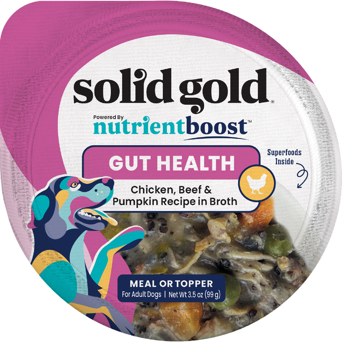 Wet dog food in a cup featuring chicken, beef, and pumpkin in broth, labeled for gut health.