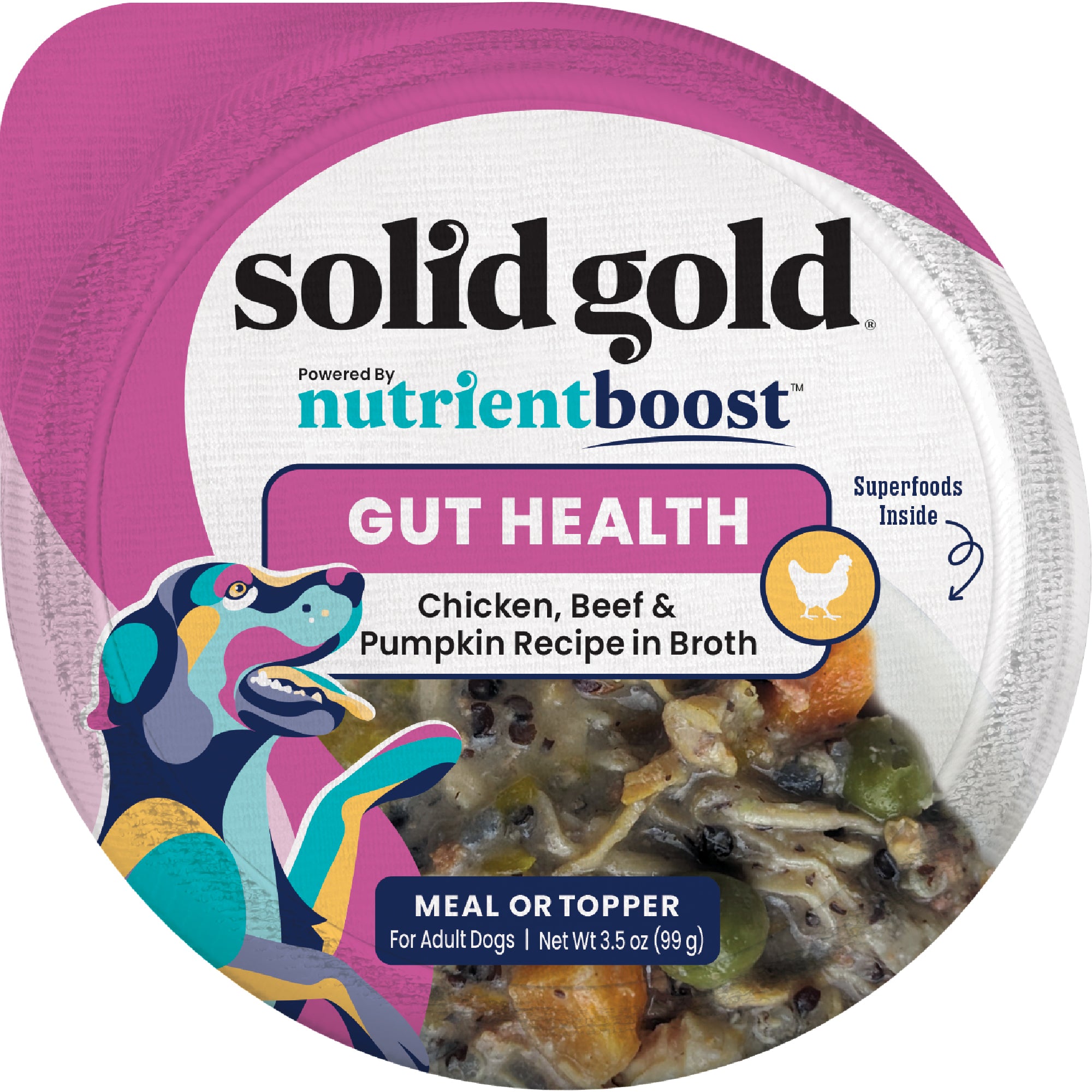 Wet dog food in a cup featuring chicken, beef, and pumpkin in broth, labeled for gut health.