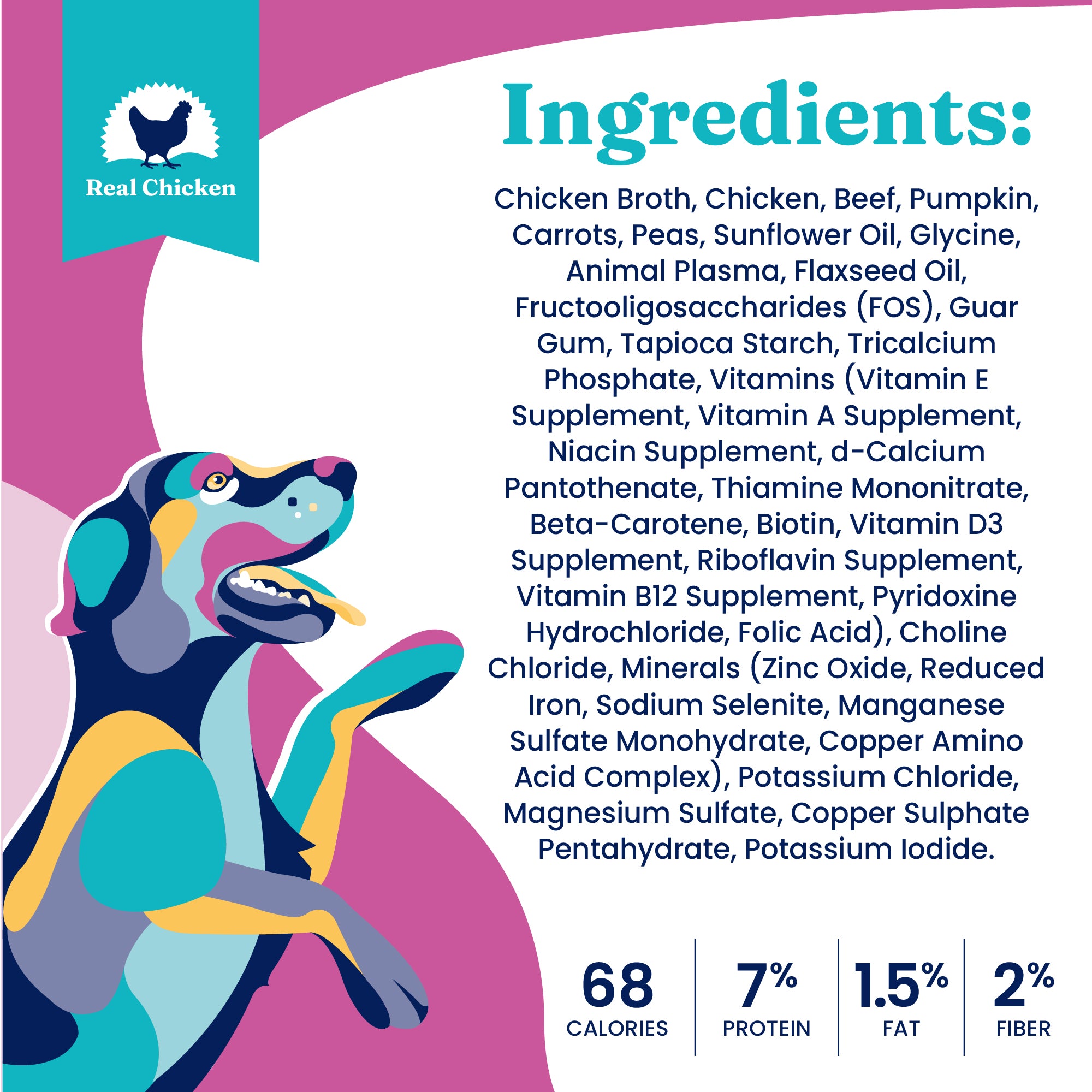 Colorful illustration of a dog with a list of ingredients for a digestive wet food for adult dogs.