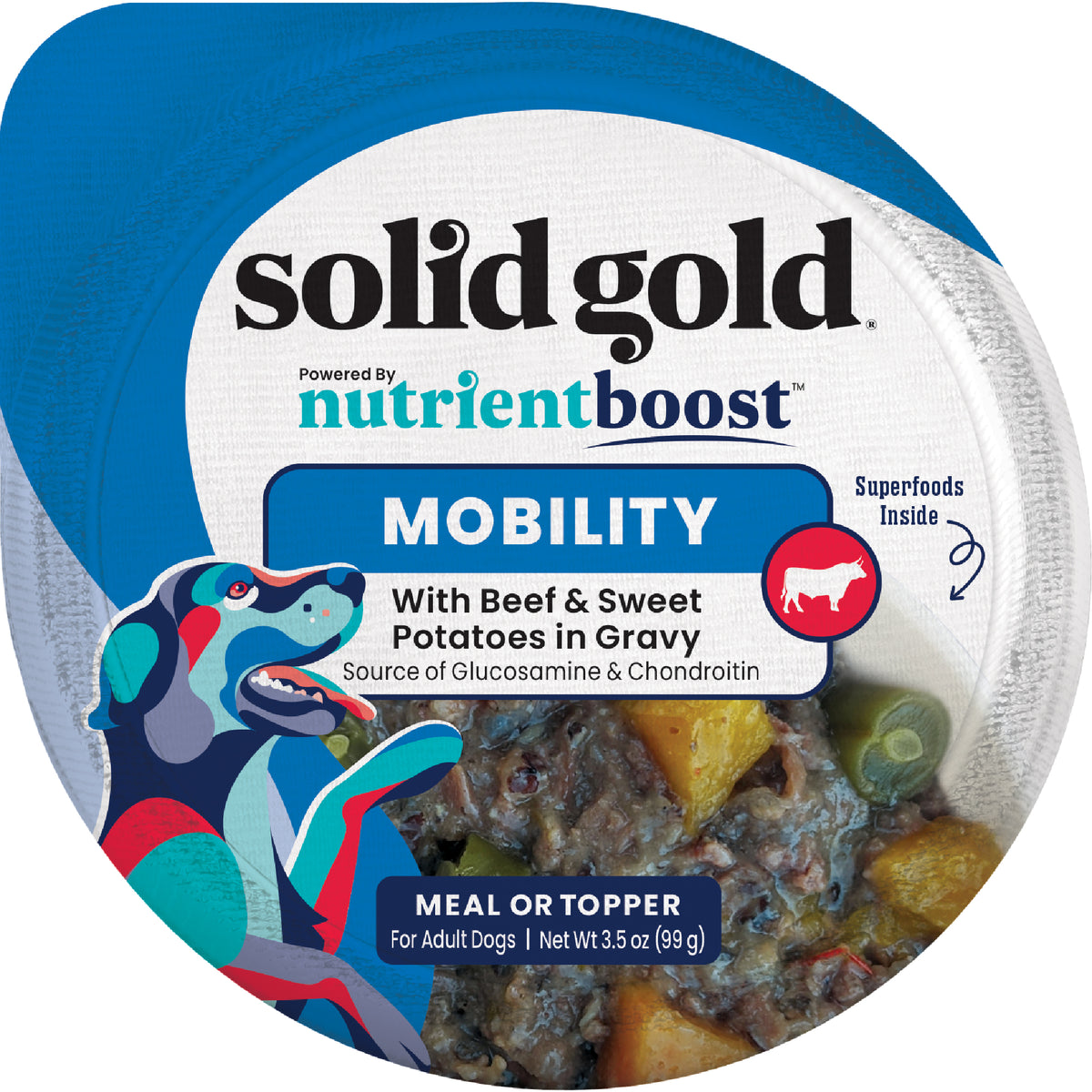 Wet dog food in a blue container featuring beef and sweet potatoes in gravy, labeled for mobility support.