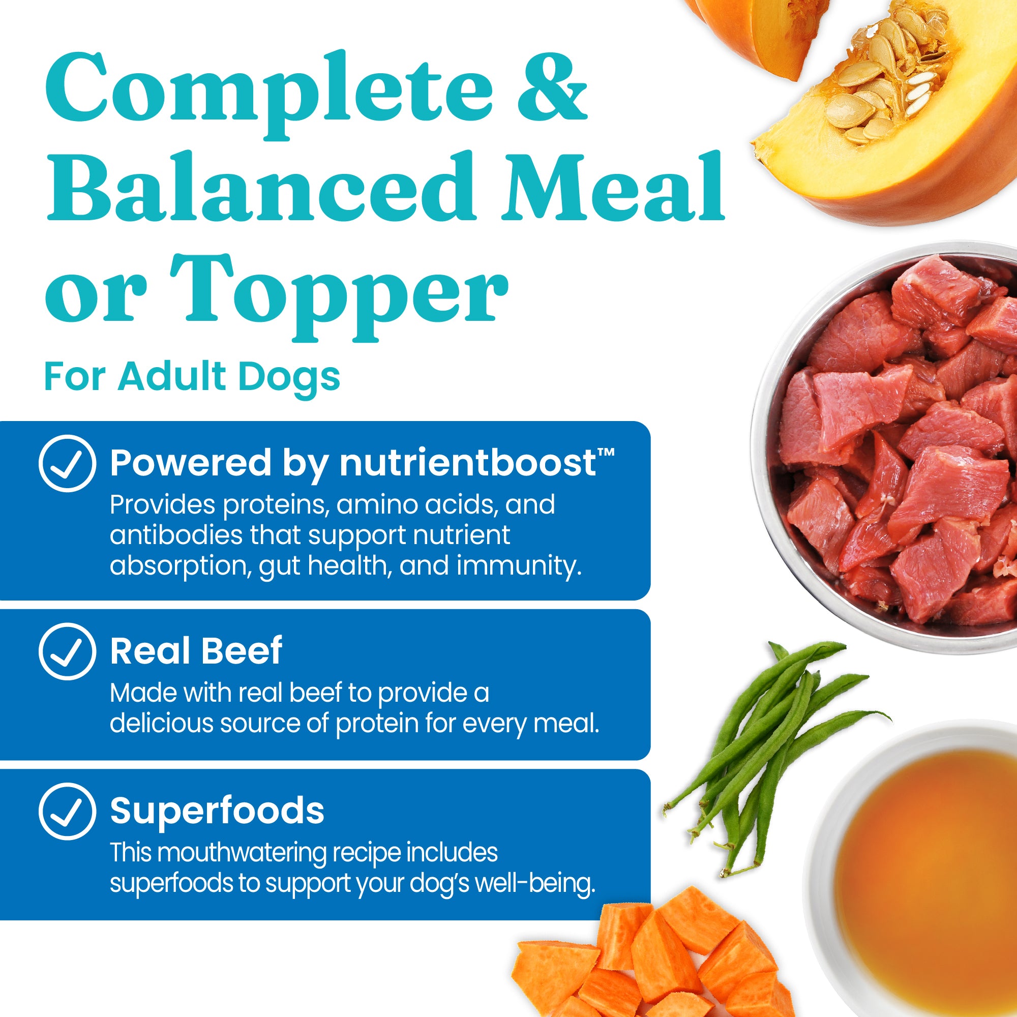 Text highlights benefits of Nutrientboost™ Meal or Topper for adult dogs, featuring beef and superfoods.