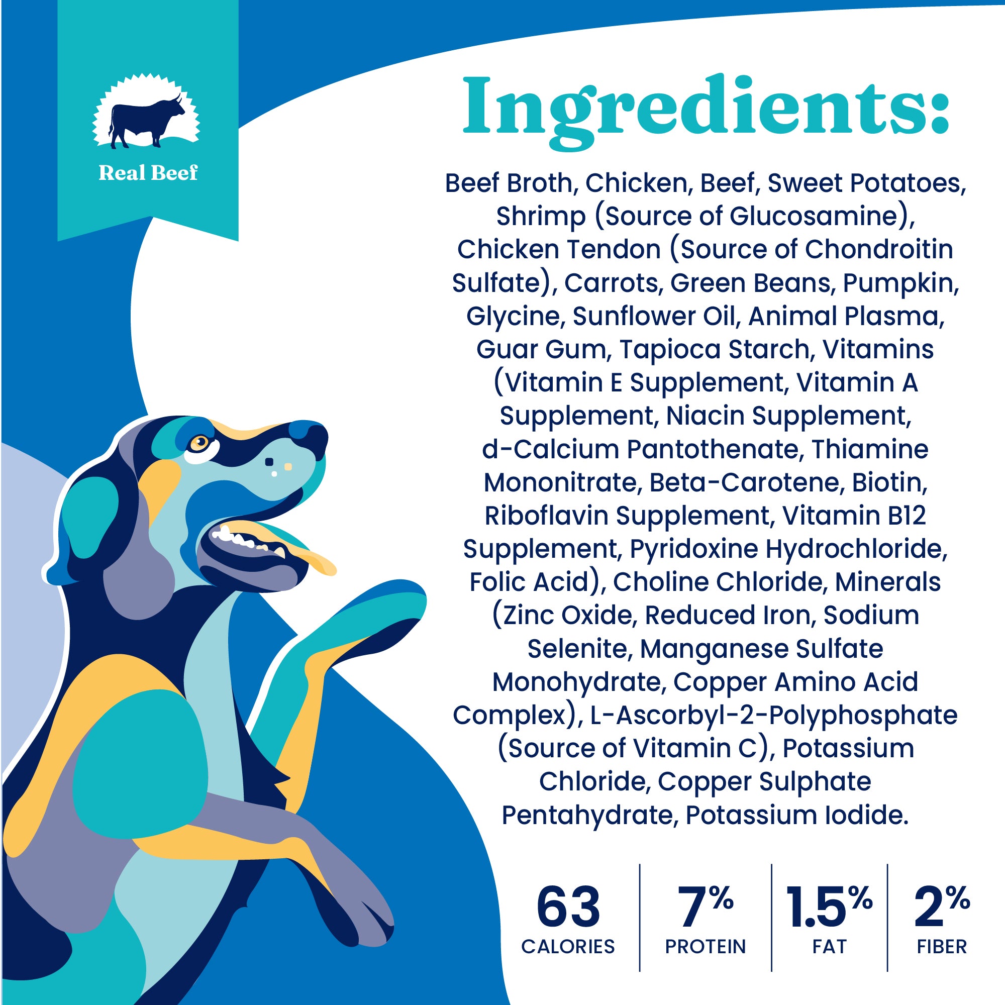 Ingredients list for Nutrientboost™ Mobility Wet Food includes beef broth, chicken, shrimp, sweet potatoes, and various vitam