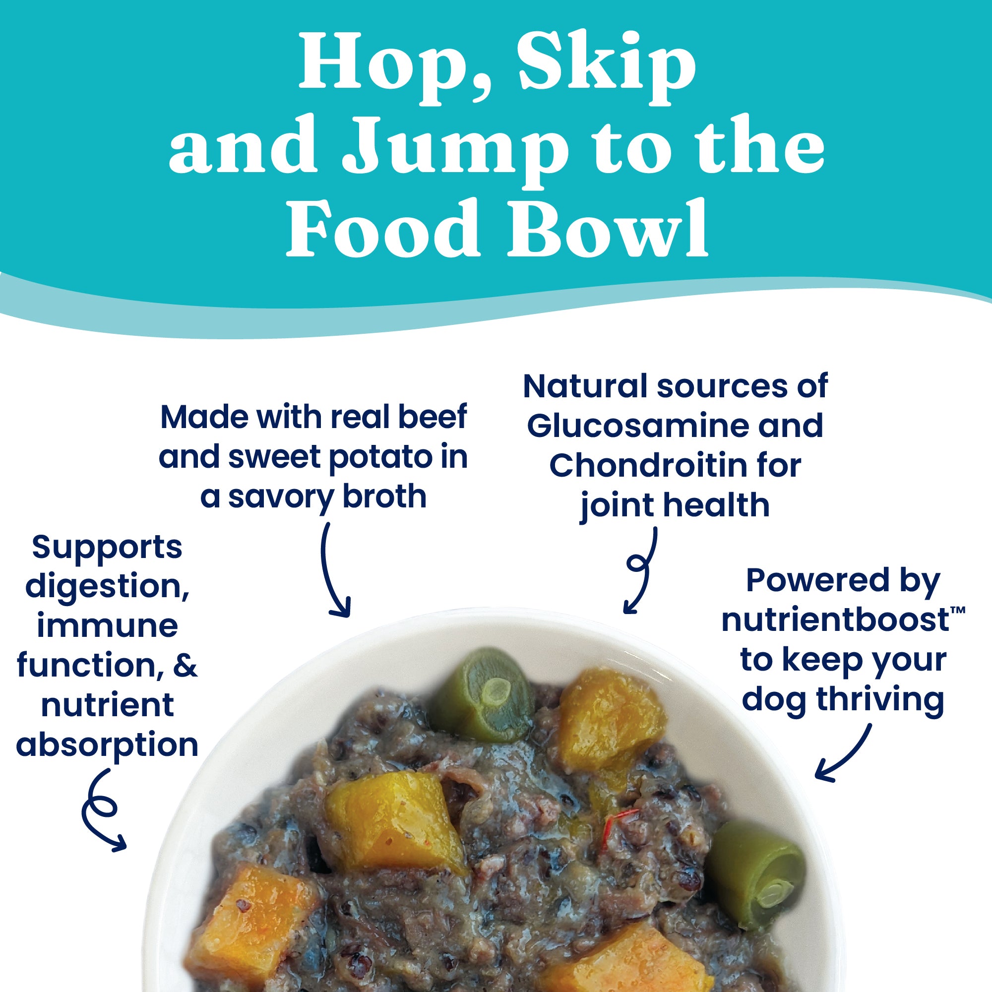Wet dog food featuring beef and sweet potato in a savory broth, promoting joint health and digestion.