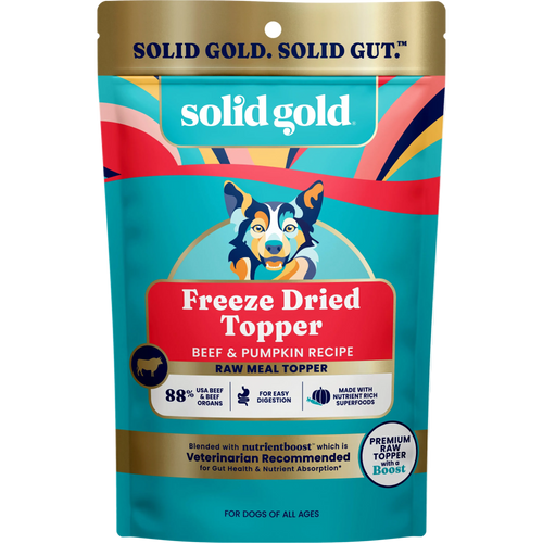 Solid Gold freeze-dried topper package for dogs on a white background